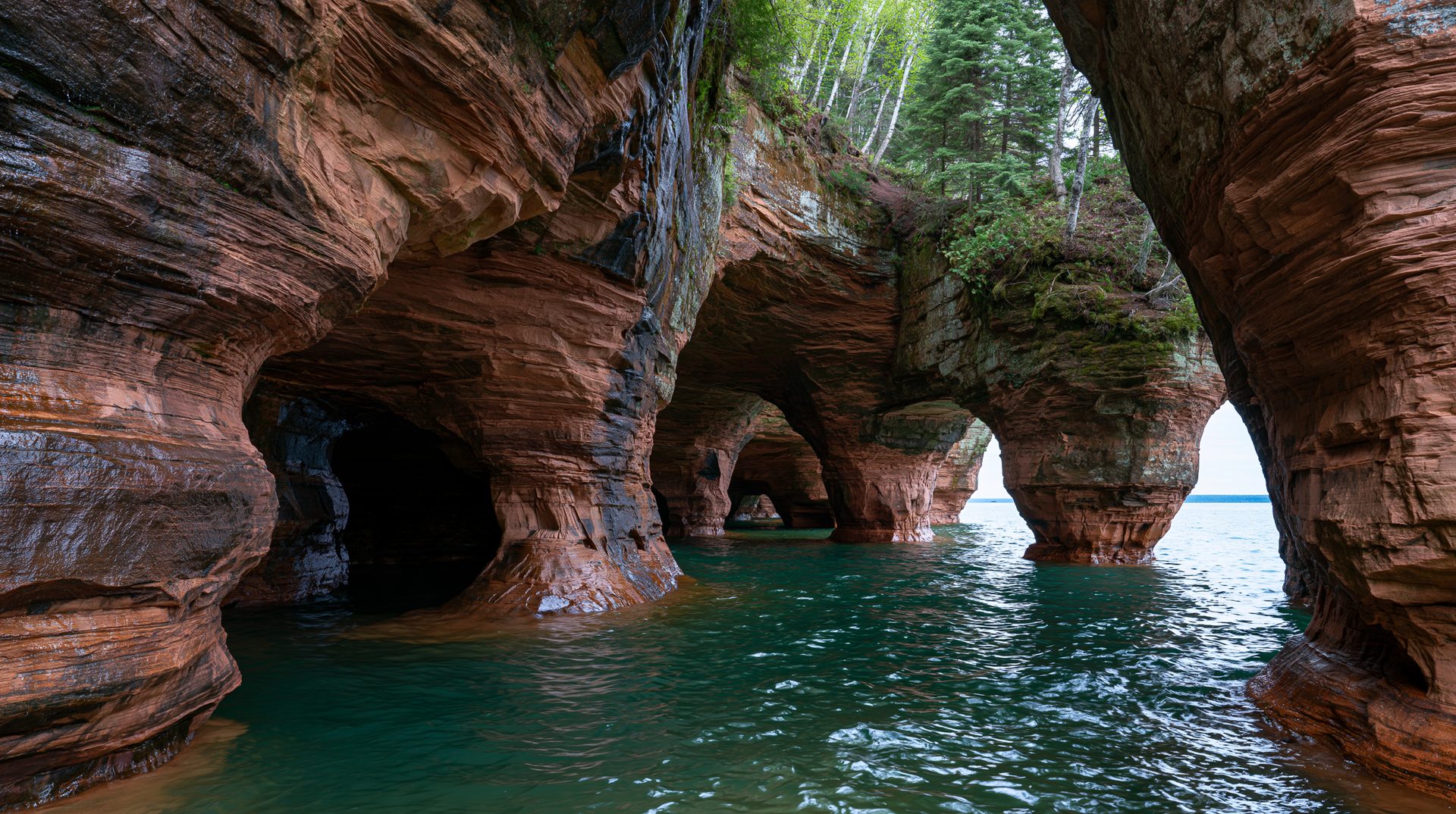 A low-angle shot from inside a network of red sandstone sea caves and massive rock arches rising out of clear teal lake water under an overcast sky.