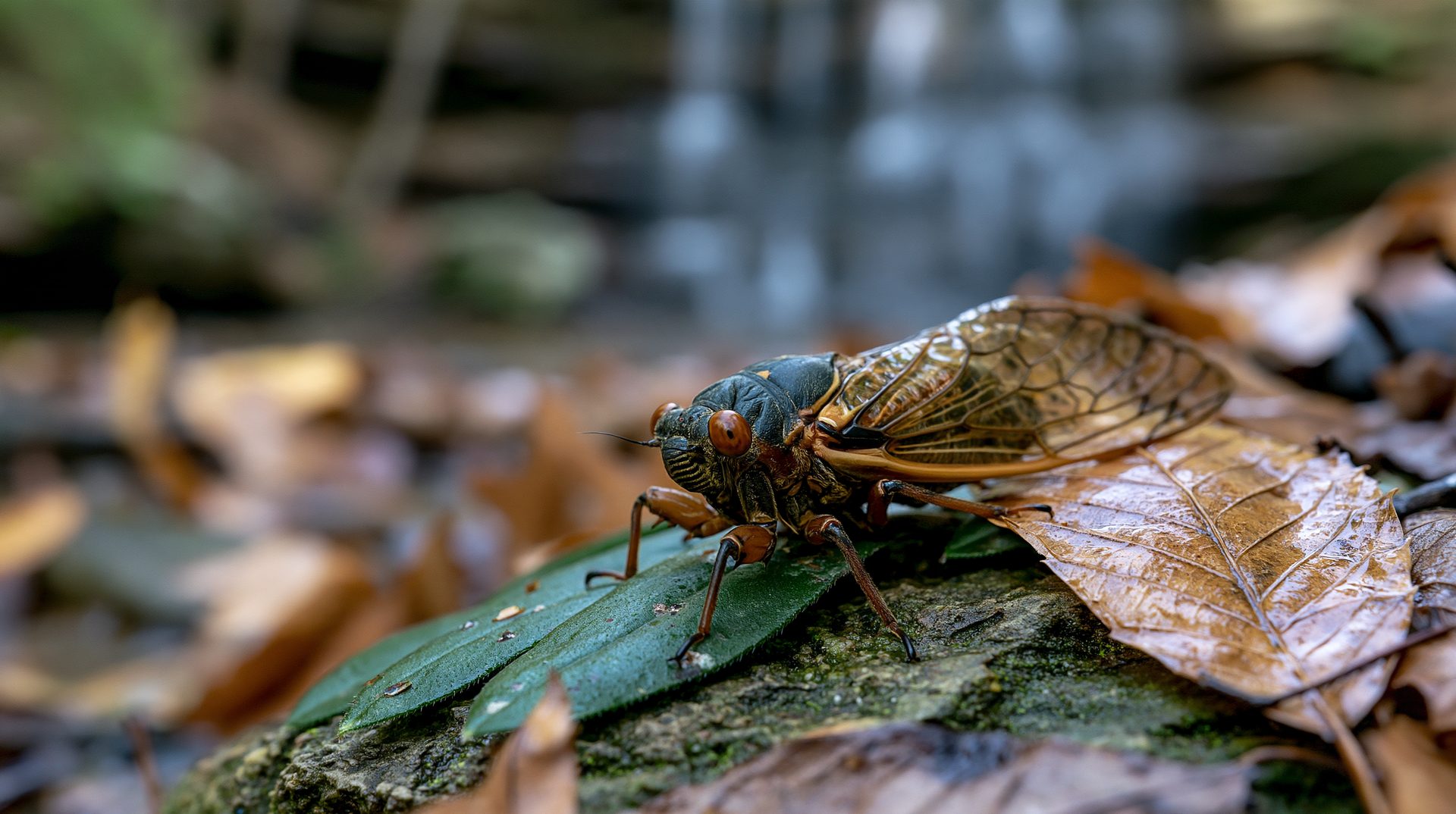 A close-up side profile of a periodical cicada with red eyes and translucent wings resting on a green leaf and wet autumn forest litter, with a blurred waterfall stream in the background.