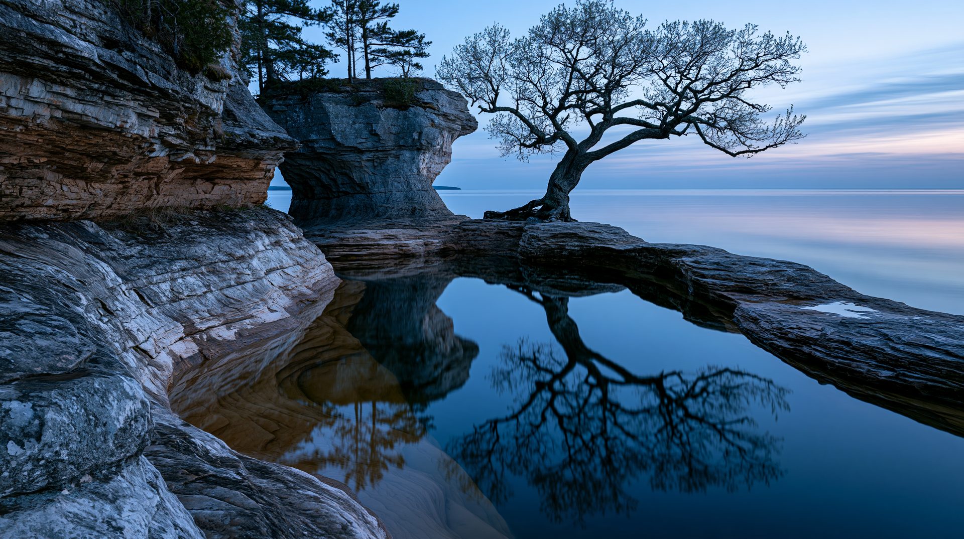 A low-angle landscape photograph at blue hour showing a solitary gnarled tree on a rocky sandstone shelf next to a pristine pool of water that perfectly mirrors its branches and a distant rock stack along a calm lake coast.