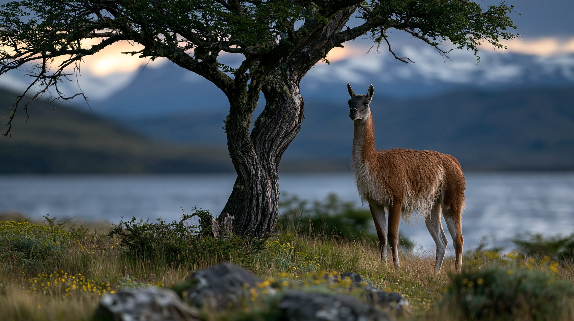 A wild, slender guanaco stands alert in a grassy alpine field next to a deeply twisted, weathered tree trunk, with a vast glacial lake and distant, snow-capped blue mountains softly blurred in the background under a dim twilight sky.