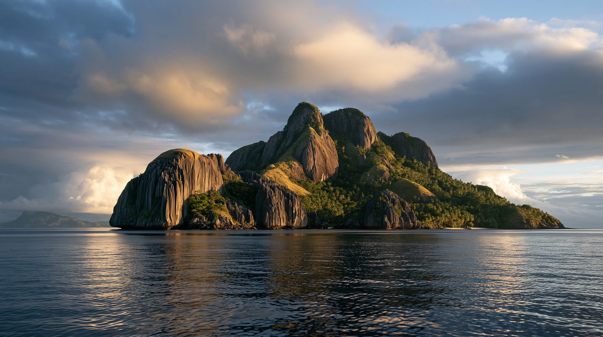 A large, rugged volcanic island with dramatic vertical stone cliffs and patches of green and golden vegetation rising from a calm ocean under a moody golden-hour sky in Fiji.