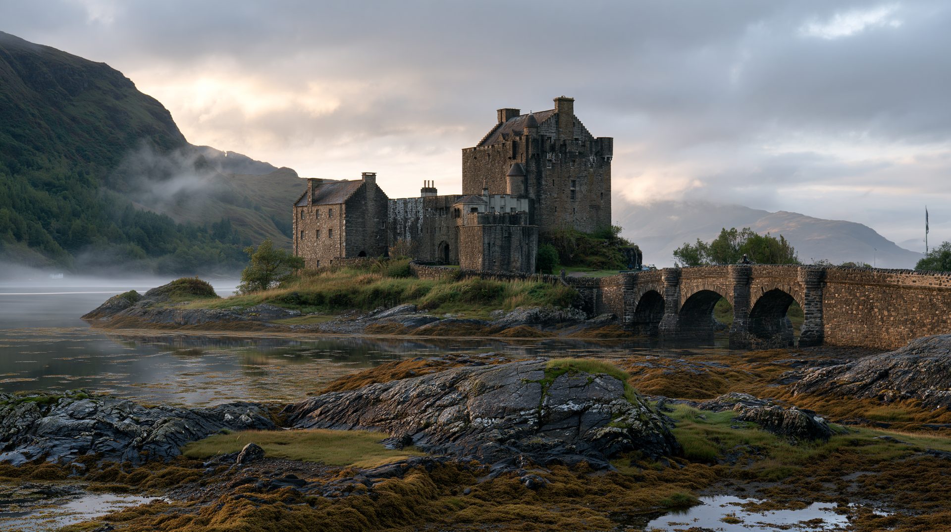 A dramatic, wide shot of Eilean Donan Castle in Scotland at dawn, showing its ancient stone bridge and walls reflected in a misty, calm loch under a cloudy sky.