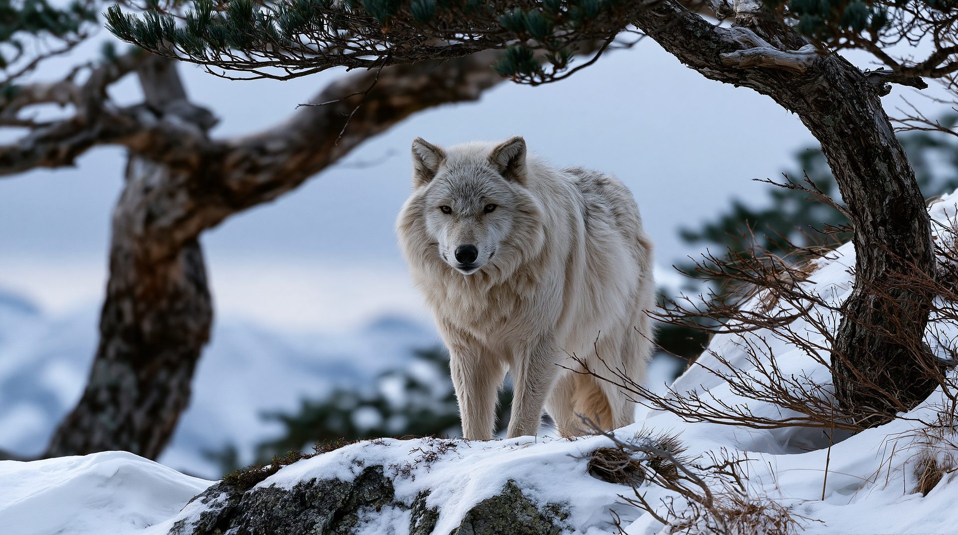 A close-up shot of a thick-furred white Arctic wolf standing under a gnarled pine branch on a snow-covered ridge with a blurred mountainous winter backdrop.