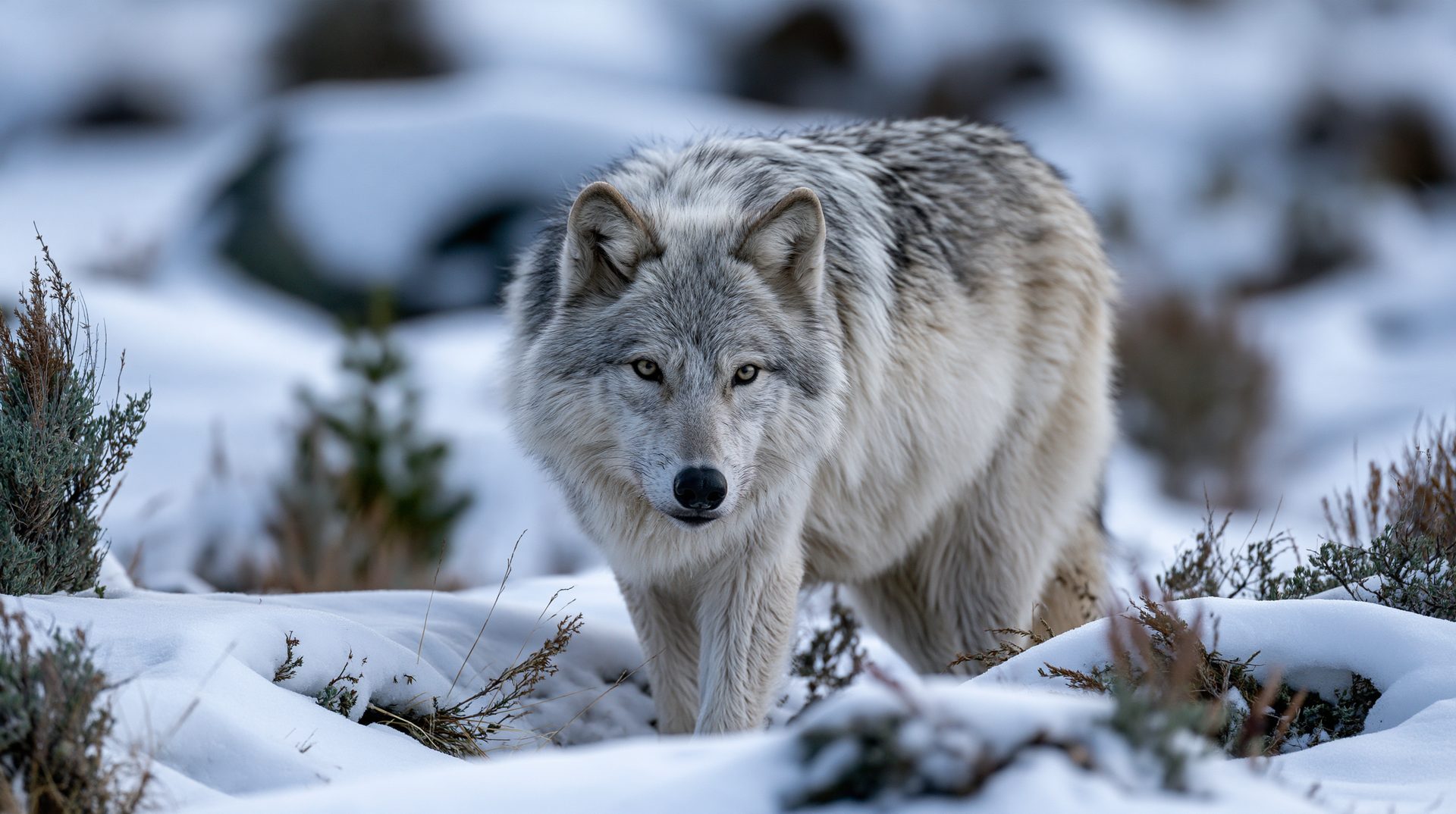 A large gray wolf with a thick silver and white winter coat stands alert in a snowy landscape, staring directly forward among low winter brush under soft light.