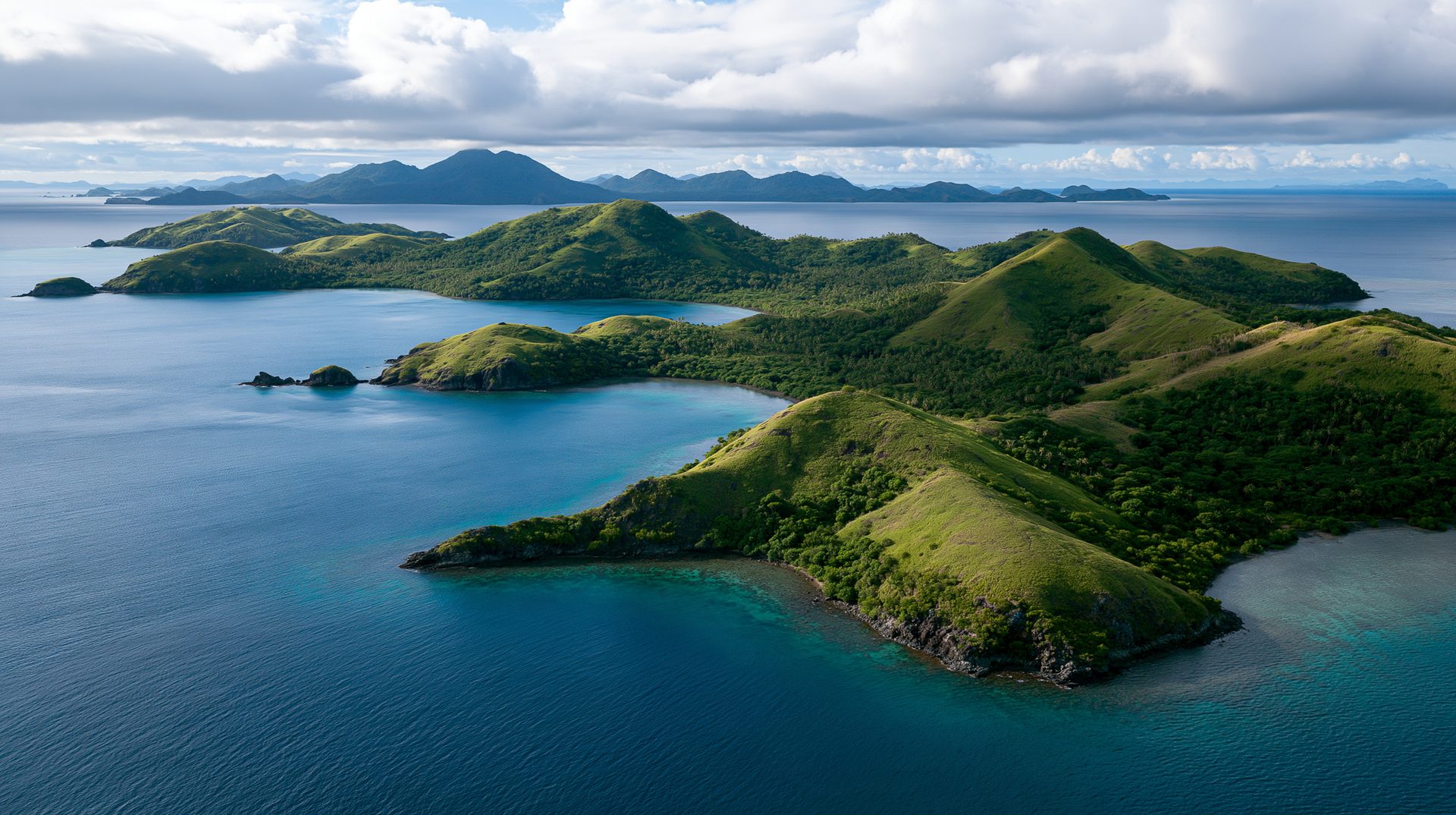 High-angle aerial view of vibrant green volcanic islands and rolling ridges surrounded by deep blue ocean water and coral reefs under a cloudy sky in Fiji.