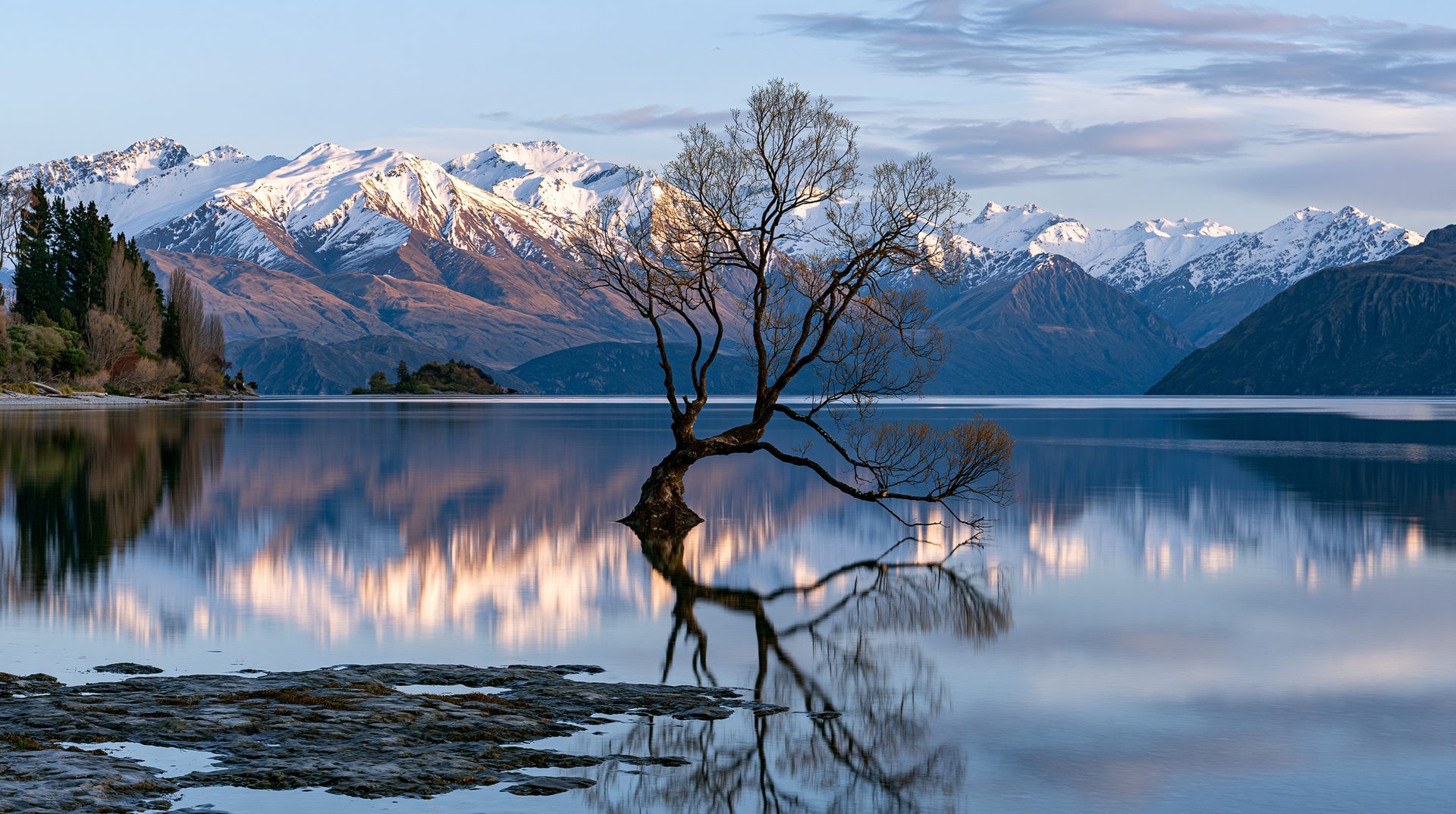 A famous lone willow tree grows out of the perfectly still water of Lake Wānaka, New Zealand, creating a symmetric reflection with a dramatic backdrop of snow-capped mountains under a light blue sky.