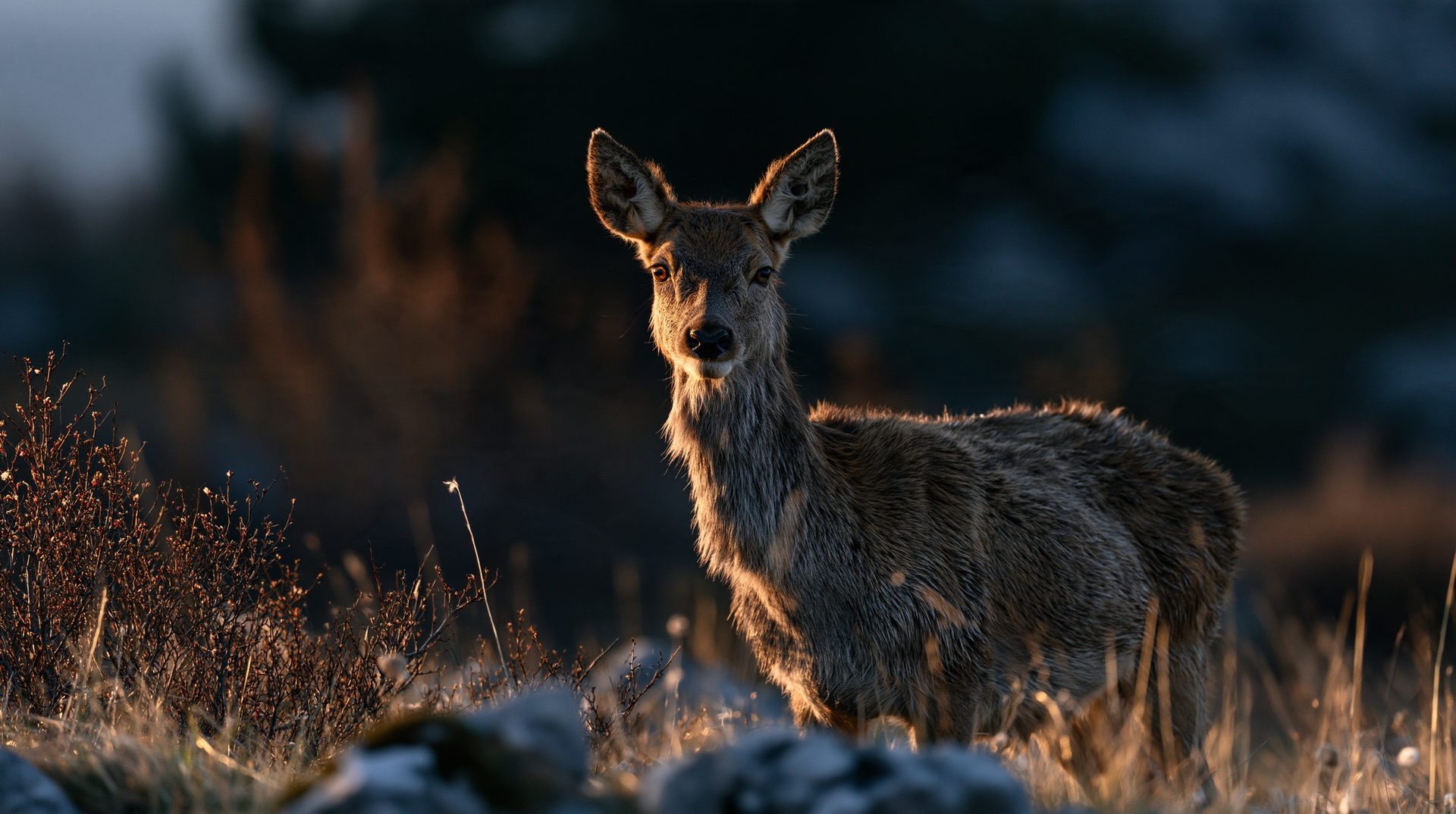 A close-up photograph of a red deer standing in a frosty field in Bosnia at dawn, with intense golden rim lighting highlighting its fur against a dark, blurred background.