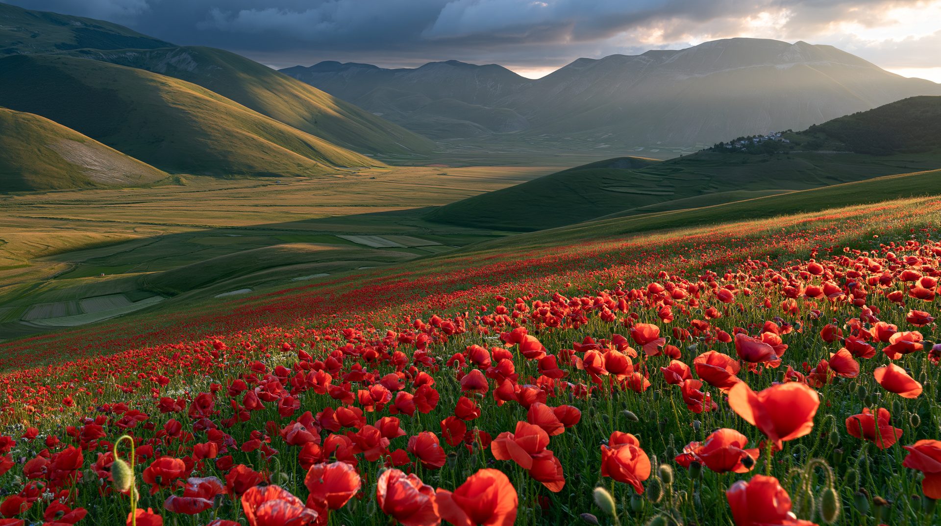A breathtaking wide-angle landscape photograph of a vast, sloped field of vibrant red poppies blooming in an Italian mountain valley under a dramatic twilight sky with low sunlight.