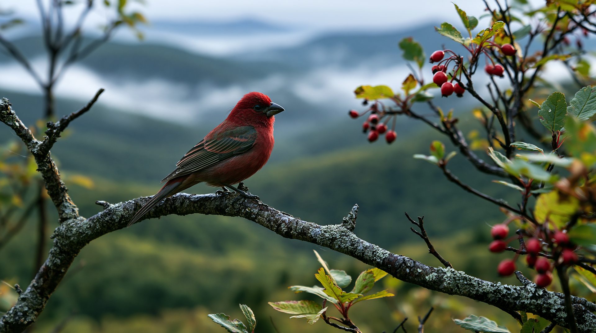A vibrant crimson male pine grosbeak sits on a lichen-covered branch next to red berries, overlooking foggy green mountains in the distance.