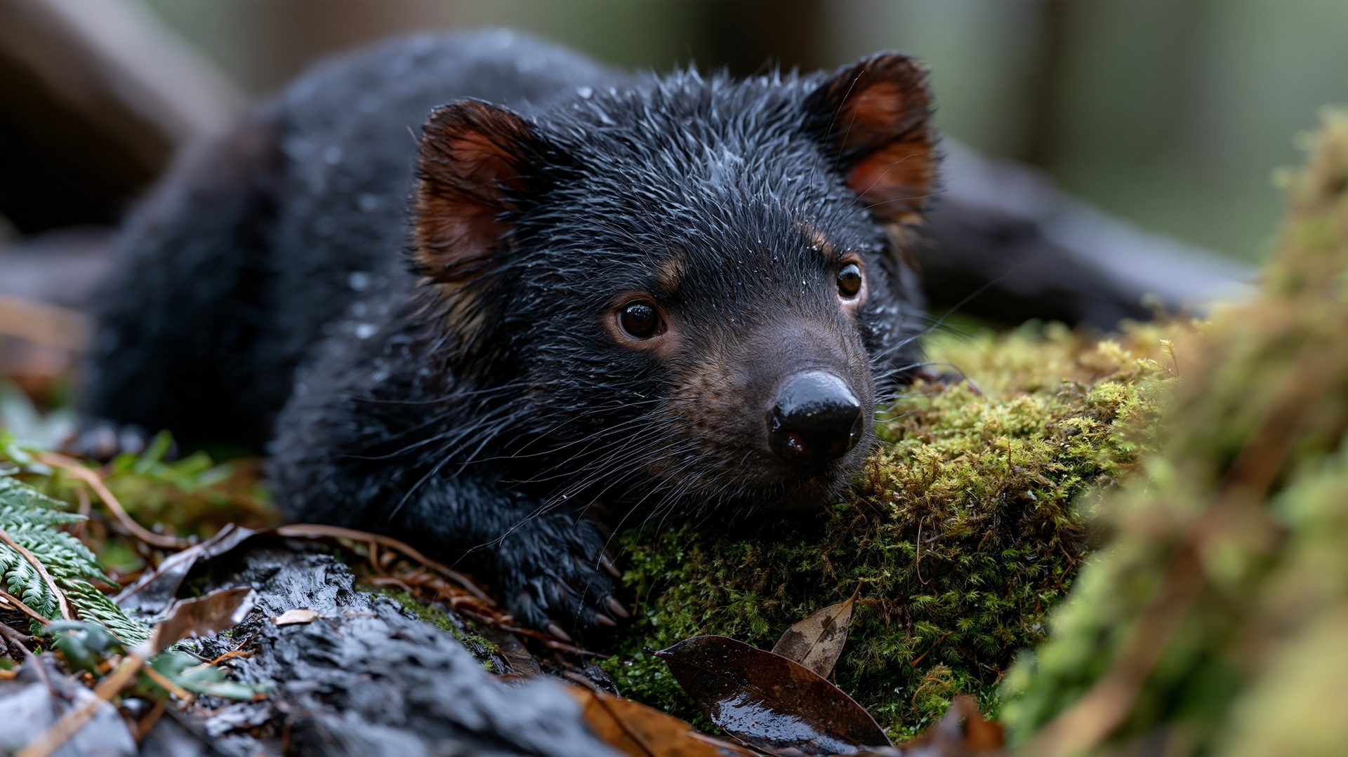 A close-up shot of a young Tasmanian devil with wet, black fur resting low next to a mossy log on a damp forest floor in Tasmania.