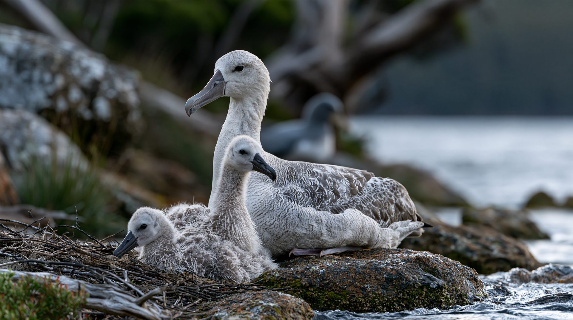 A large, white-headed Southern Giant Petrel stands protectively over two fluffy gray chicks resting inside a nest built on a rocky, moss-covered shoreline in Tasmania.