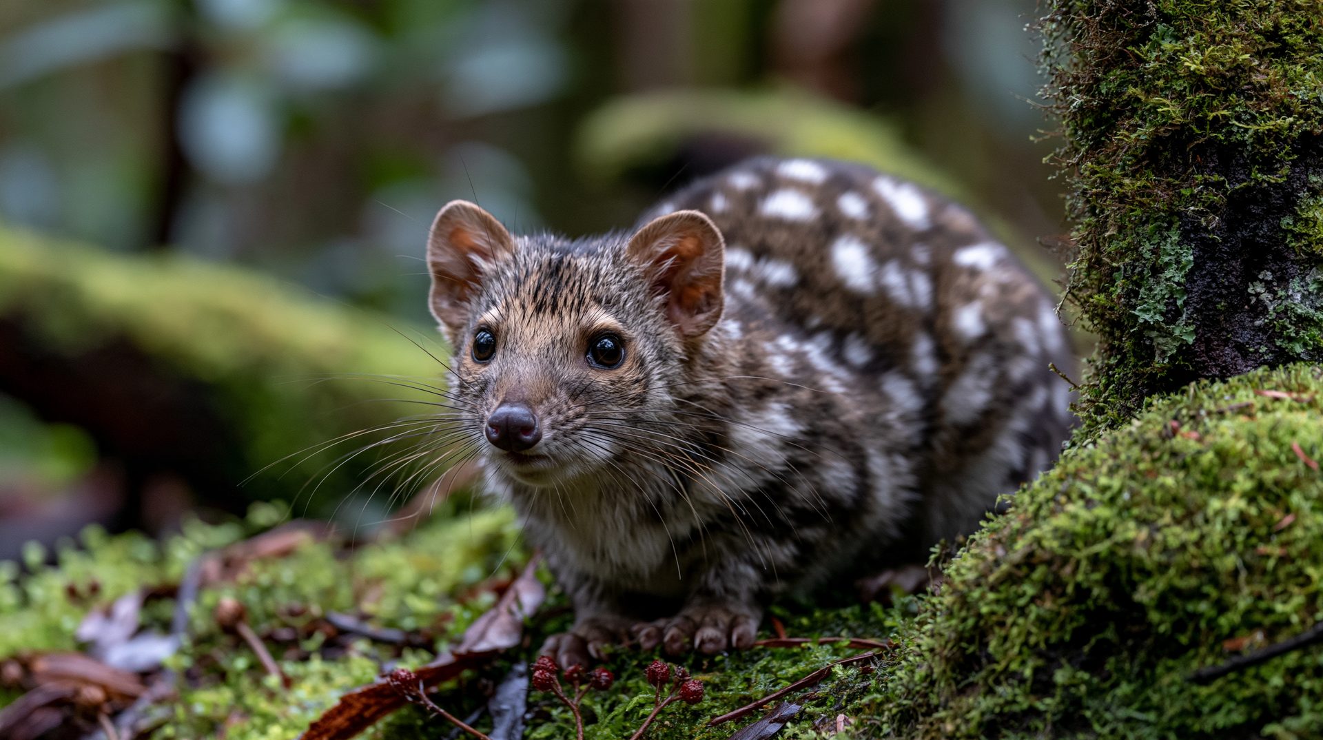 A close-up shot of a spotted-tailed quoll with brown fur and white spots crouching on a moss-covered forest floor in a Tasmanian rainforest.