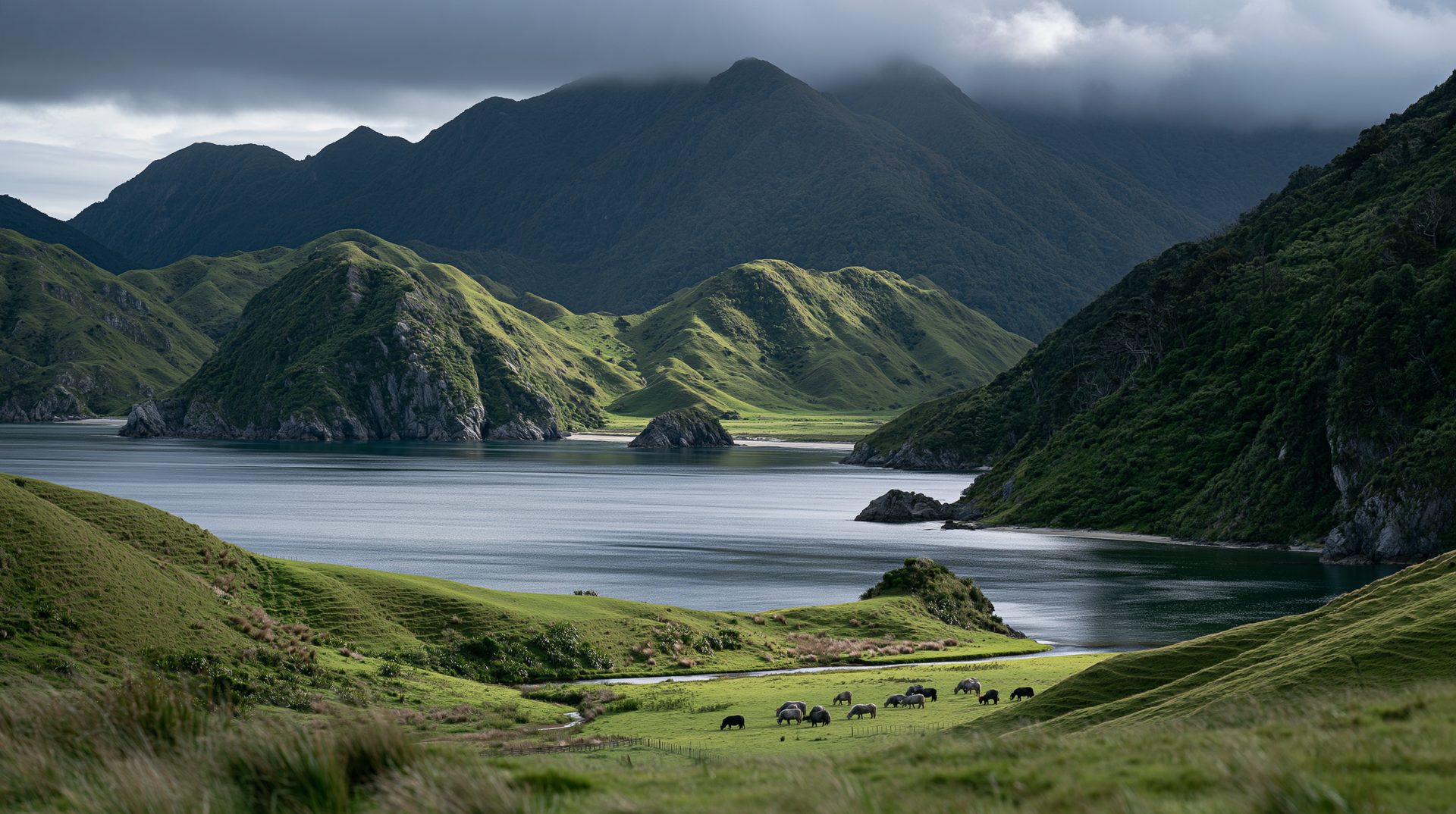 A dramatic wide-angle shot of a green New Zealand coastal valley where a herd of cattle graze near a stream flowing into a calm ocean bay, surrounded by steep, emerald hills and dark, cloud-capped mountains.