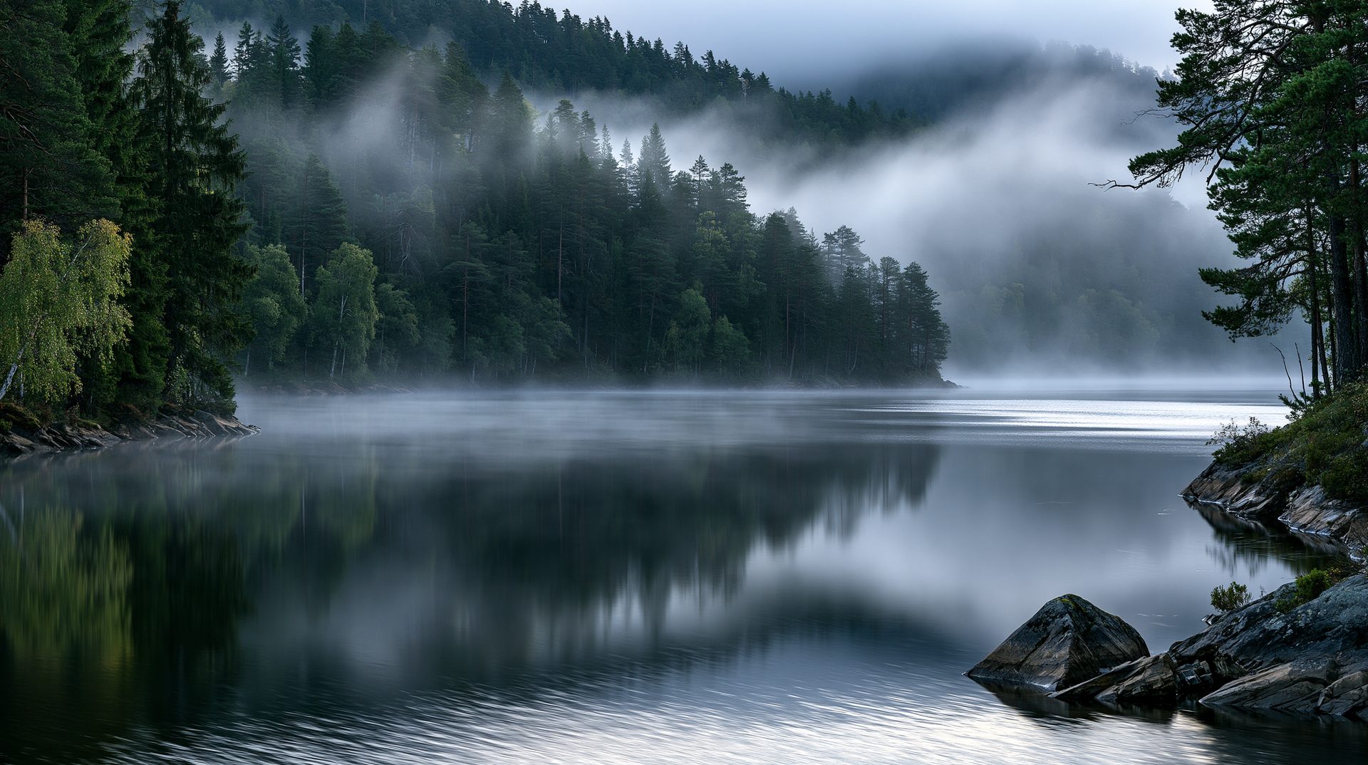 A glass-like, mirror-calm subalpine lake reflecting a dark, dense forest of towering spruce trees, wrapped in thick bands of white morning fog under an overcast sky with rocky outcrops along the shoreline.
