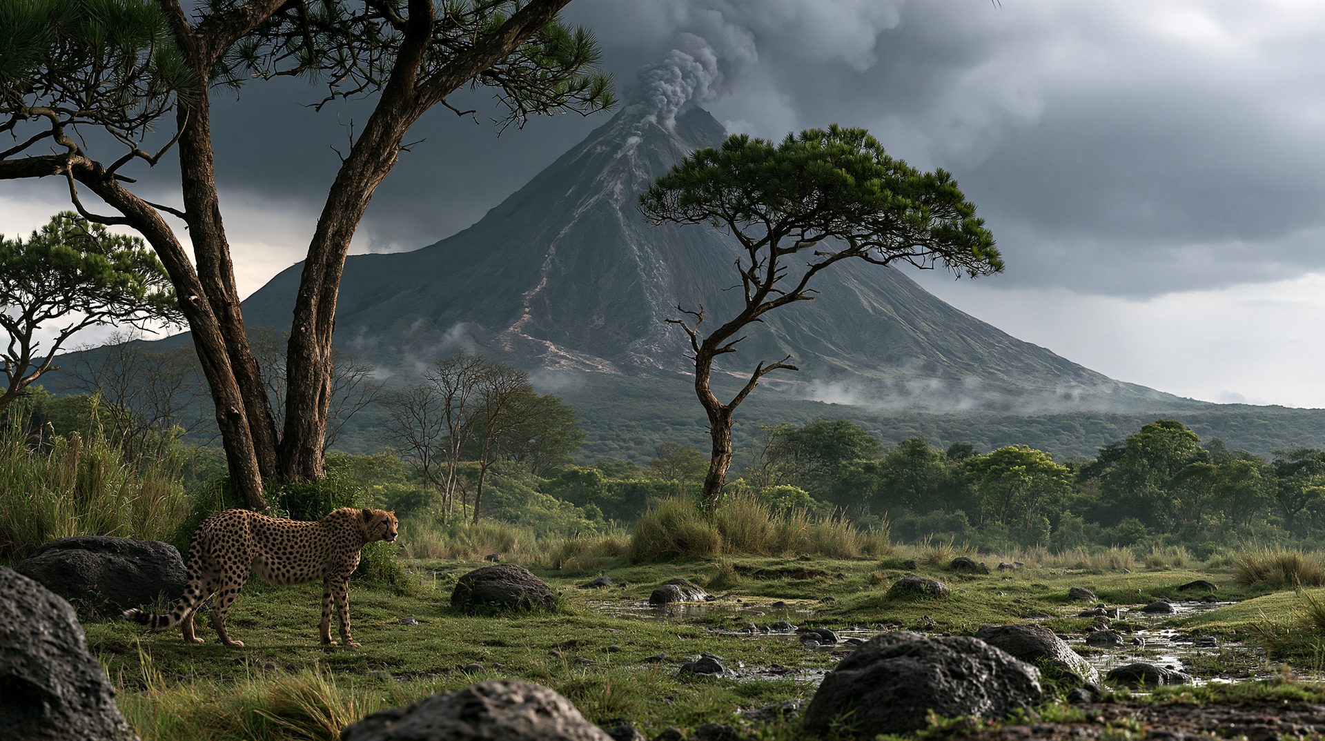 A cheetah stands alert on a grassy plain dotted with volcanic rocks, framed by scattered trees under a dark, stormy sky with an active volcano erupting smoke in the background.