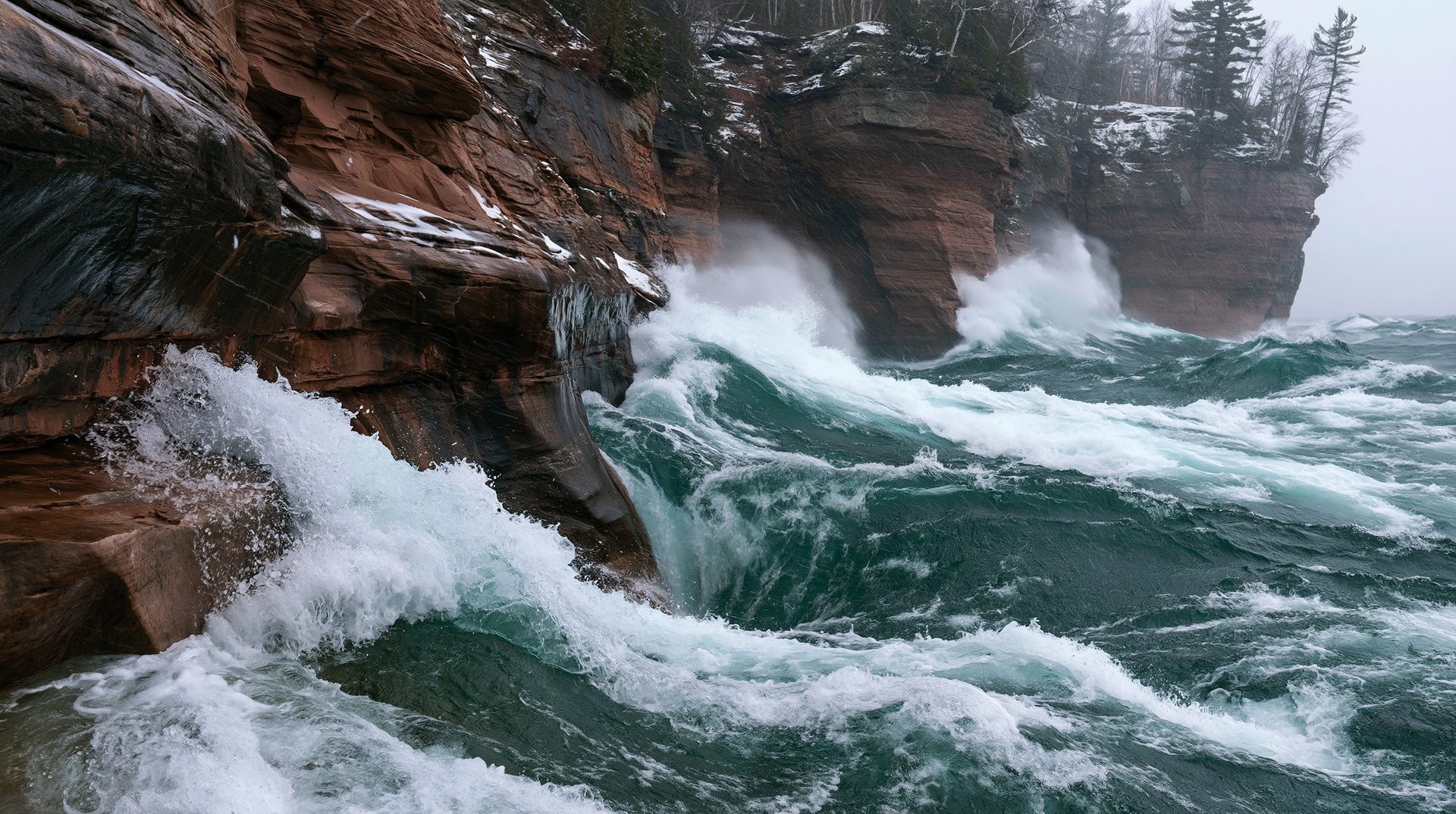 A dramatic wide-angle photograph of powerful, deep green waves crashing with white foam against layered red sandstone cliffs under an overcast, foggy winter sky, with light snow dusting the rock ledges and trees above.