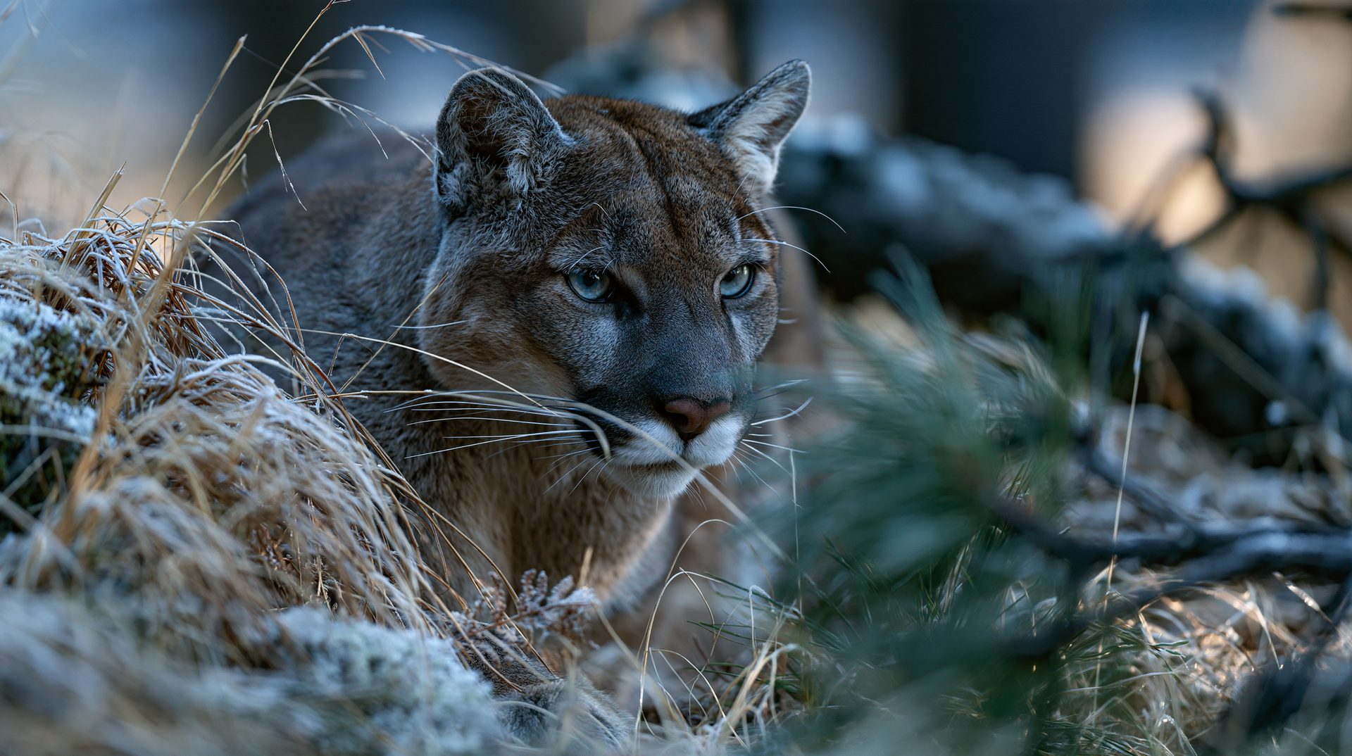 A mountain lion crouches tightly in profile behind frosted pine branches and frozen tufts of winter grass, its striking blue-grey eyes fixed intently on something off-camera under a cool, low-light forest canopy.