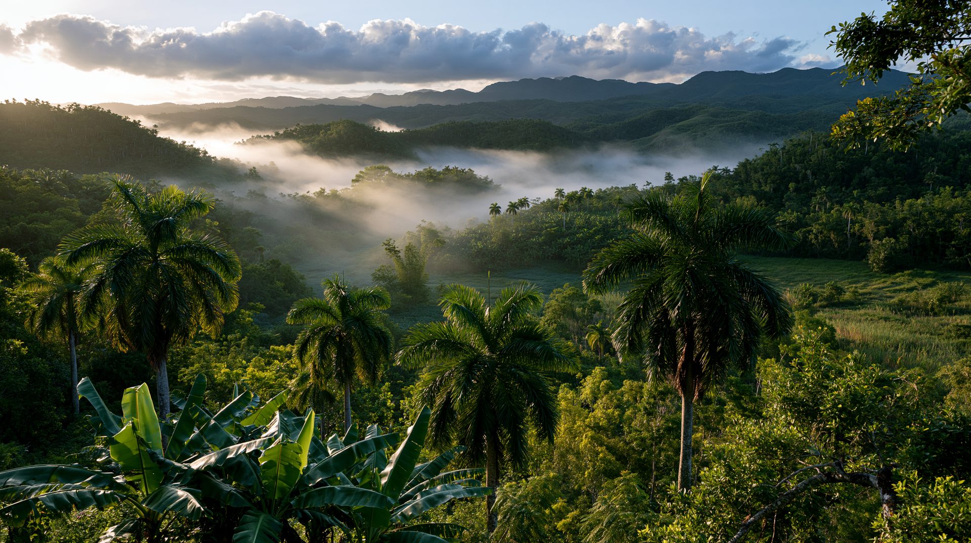 An incredible wide-angle landscape photograph looking out over a lush Cuban mountain valley at sunrise. In the foreground, vibrant green tropical vegetation and broad banana leaves frame several magnificent royal palm trees. Pockets of thick morning mist nestle deep within the rolling forested hillsides of the mid-ground, heavily illuminated by dramatic god rays cutting through from the left. A dense band of white clouds lines the horizon beneath a soft morning sky.