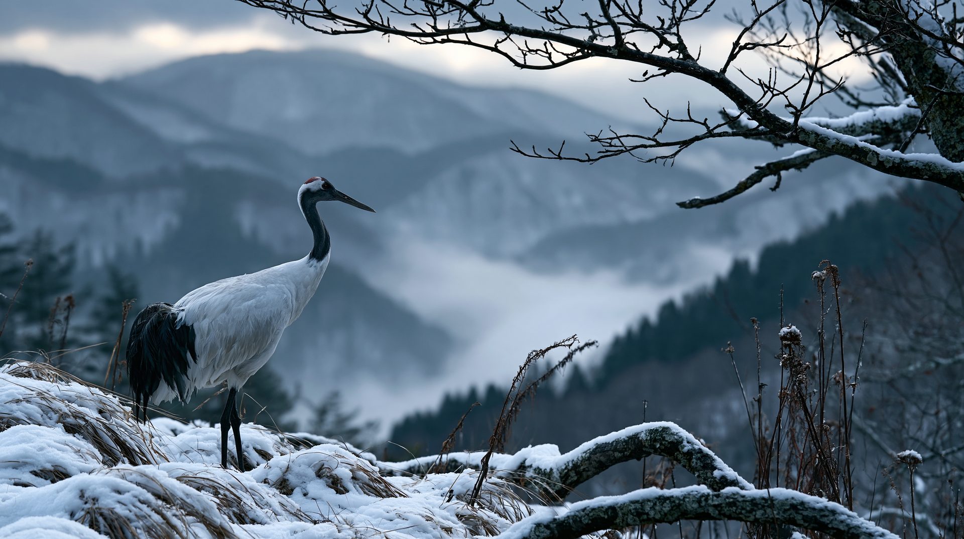 A red-crowned crane stands on a snow-covered, grassy ridge looking out over a vast, misty mountain valley under an overcast sky, framed by bare, snow-dusted tree branches in the foreground.
