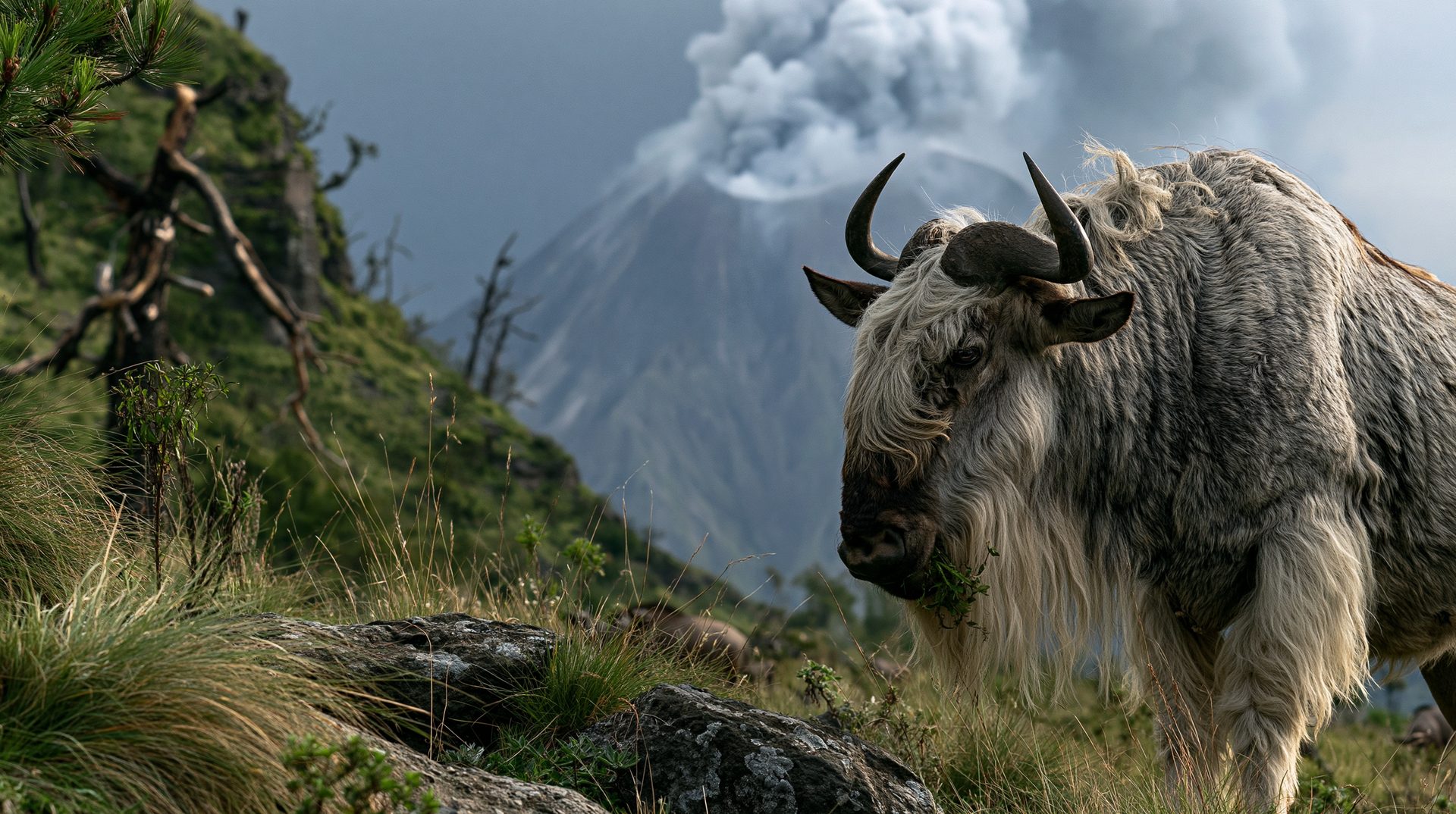 A rare white morph wildebeest with a shaggy cream coat and short curved horns grazes on a grassy mountain slope, with a massive erupting volcano billowing smoke in the background.
