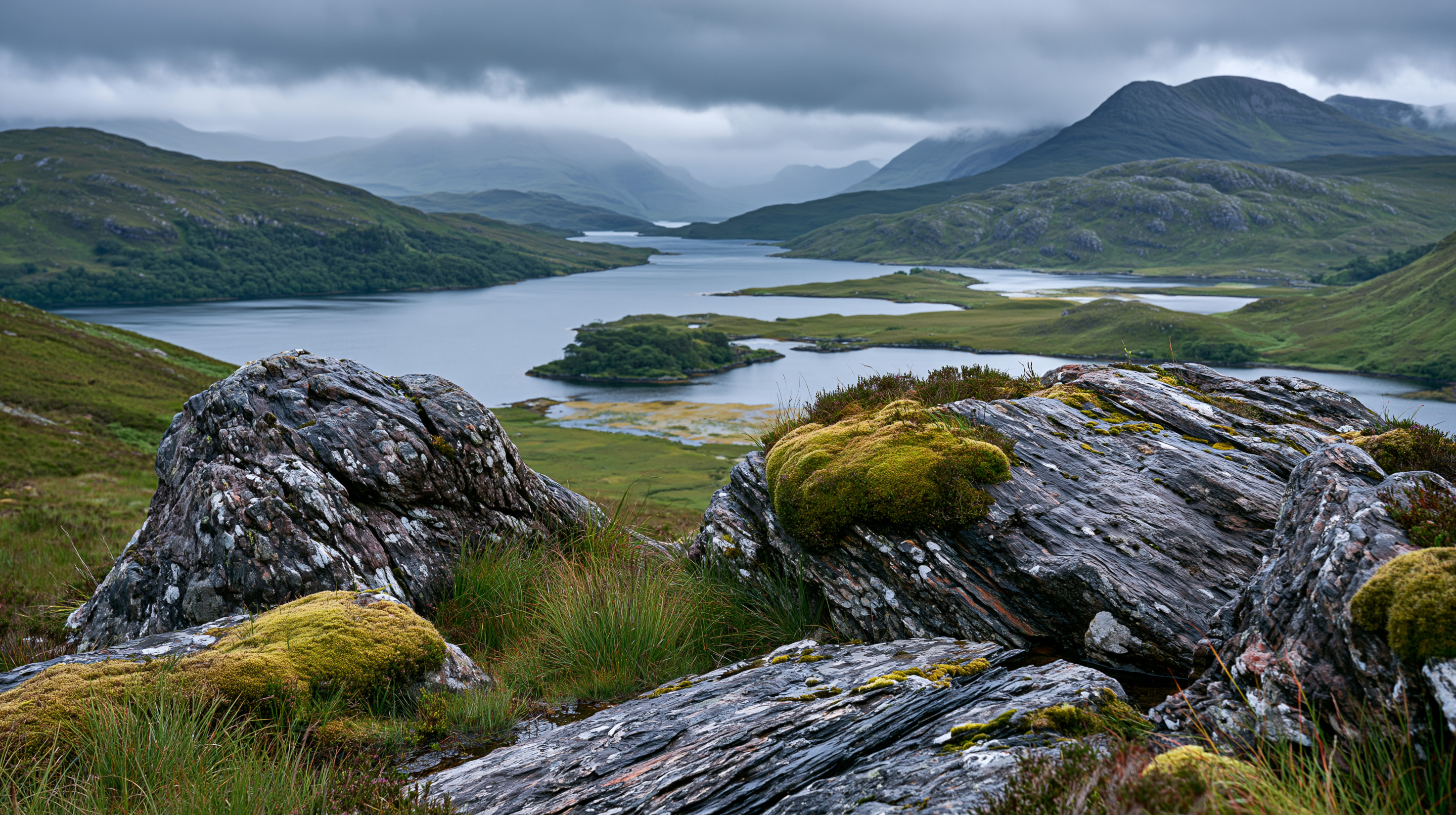 A majestic, wide-angle landscape photograph looking out over a massive, twisting freshwater loch in the Scottish Highlands under a heavy, overcast gray sky. In the foreground, large, dark, weathered rock boulders are heavily textured with patches of vibrant green moss and coarse grass. The deep blue water of the loch curls past small green islands and low-lying marshlands in the mid-ground, surrounded on all sides by rolling green hillsides and steep mountain ranges that fade into a low ceiling of soft mist.