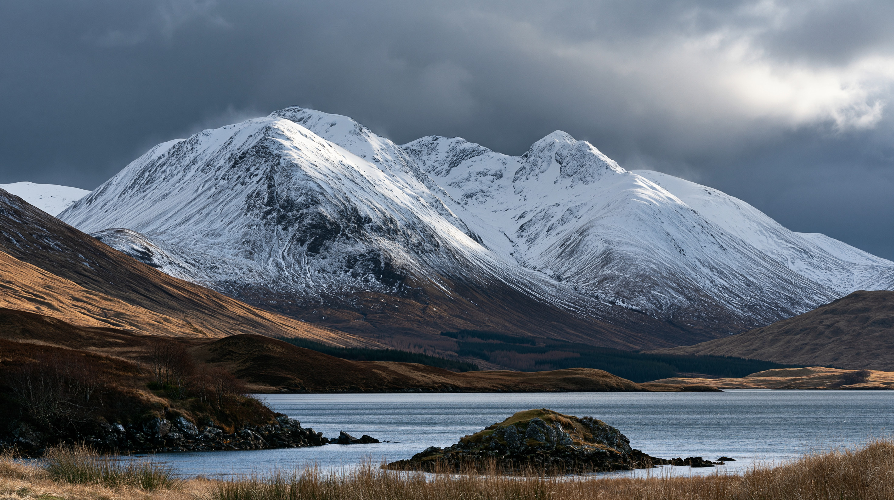 A dramatic landscape photograph of a snow-covered mountain range in Scotland under a moody, overcast sky. In the foreground, a calm body of blue water features a small rocky islet, flanked by shores covered in tall, golden-brown grasses. Pockets of intense morning sunlight pierce through dark, heavy storm clouds to illuminate the massive, snow-blanketed ridges and valleys of the rugged mountain peak rising sharply in the background.