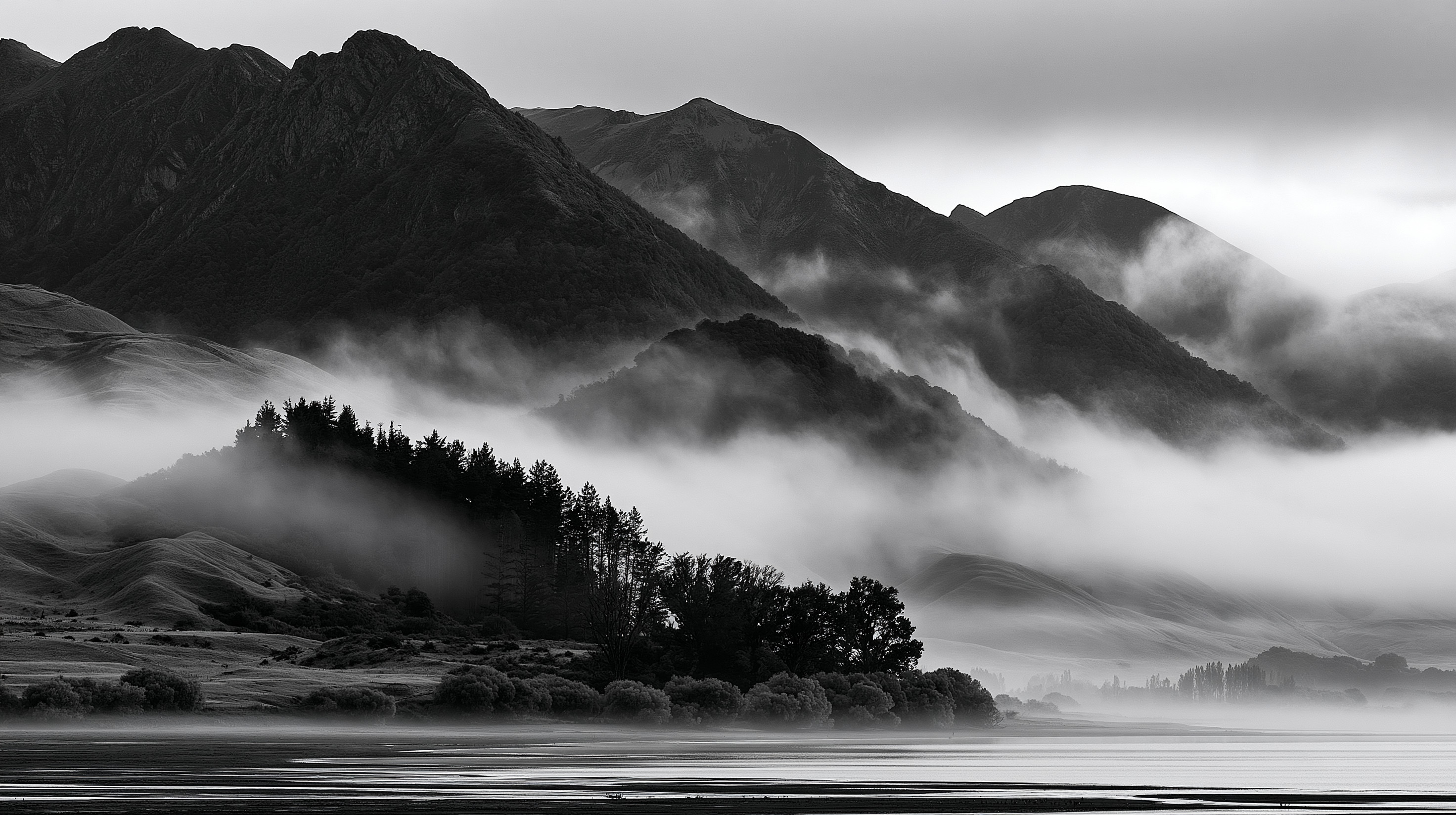 A dramatic black and white photograph of rugged New Zealand mountains partially shrouded by thick, flowing layers of white valley mist, with a dark pine forest on a hillside rising above a calm riverbed in the foreground.