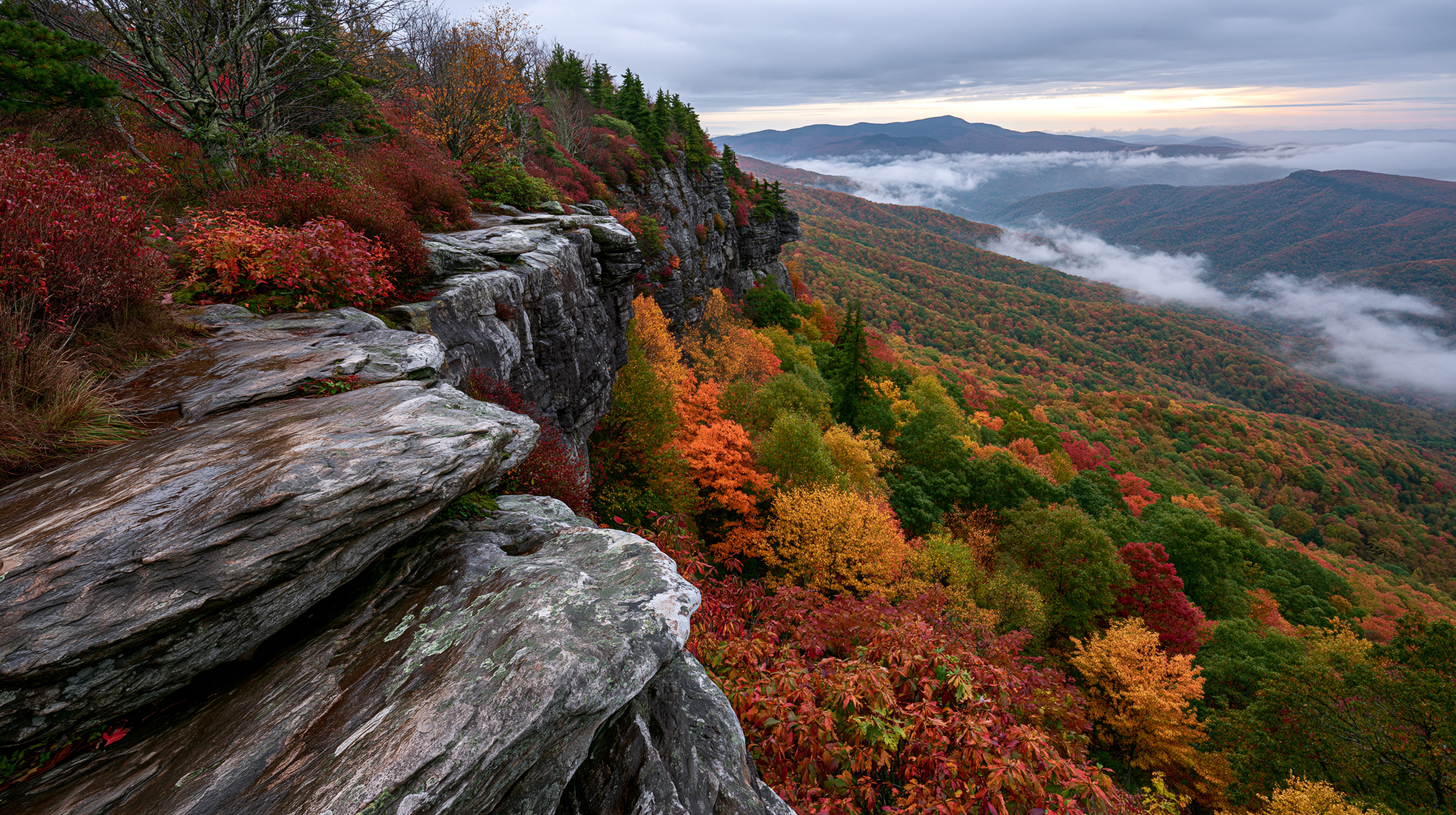 A scenic wide-angle autumn view from Rough Ridge Lookout along the Blue Ridge Parkway, showcasing stratified grey rock ledges bordered by vibrant red bushes in the foreground, looking down over a vast valley of orange and yellow fall trees as low morning fog weaves through distant mountain ridges.