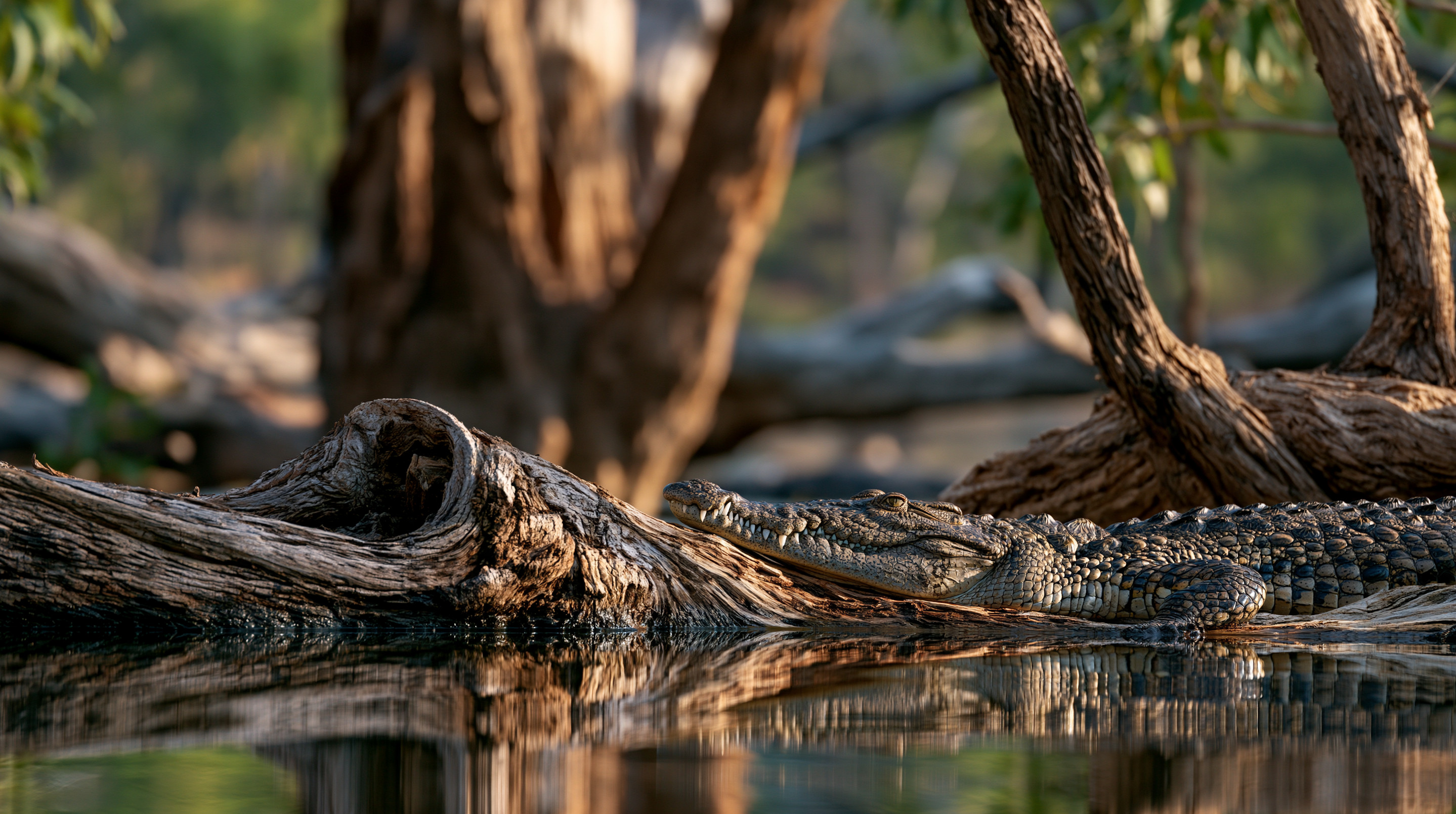 A low-angle shot of a large crocodile basking on a weathered, half-submerged log, its textured armor and snout reflecting clearly in the still water below, backed by soft-focus eucalyptus trees.