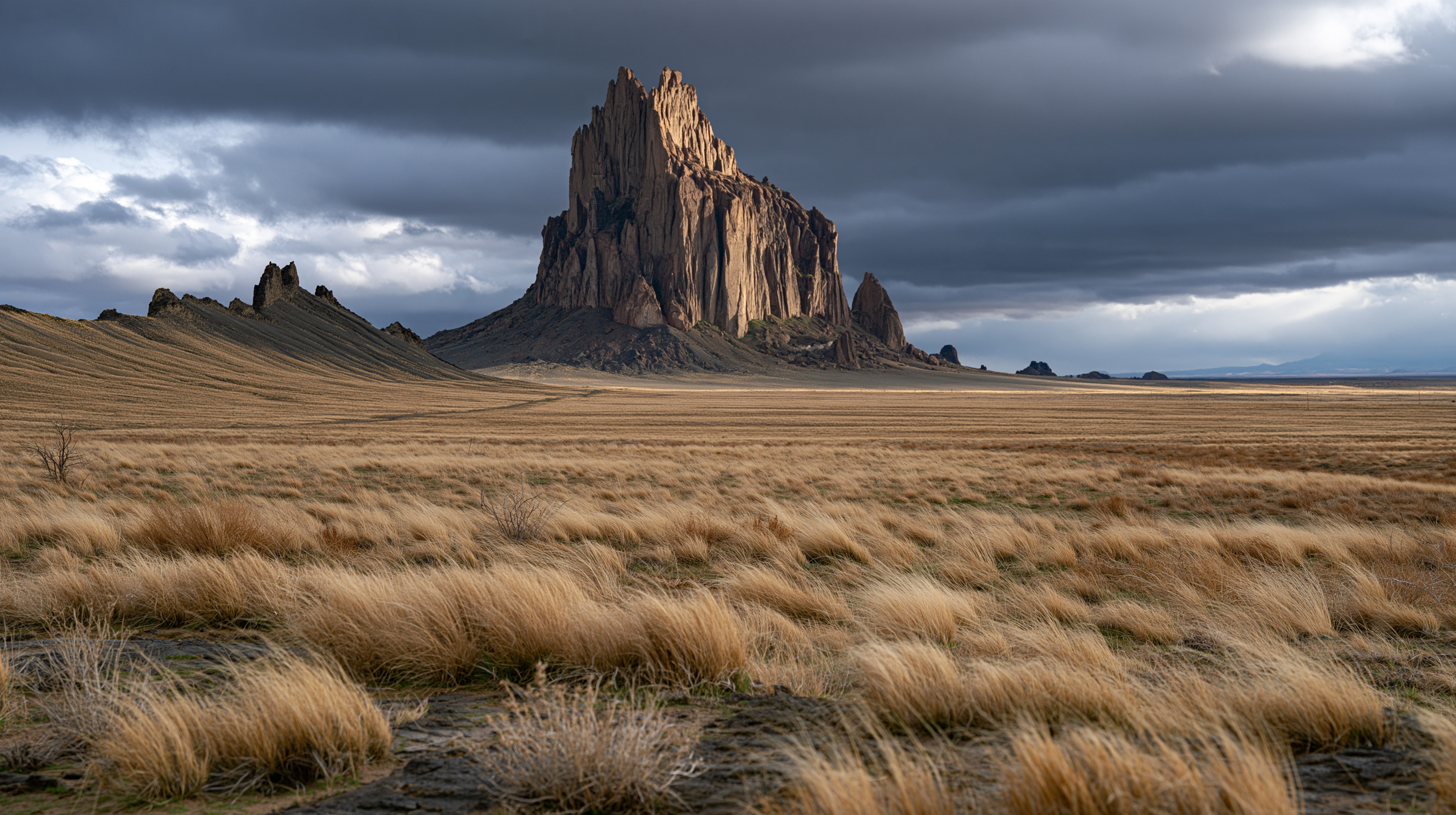 A dramatic landscape photo of the towering Shiprock volcanic formation in New Mexico under dark storm clouds, with golden sunlight illuminating its steep rock spires and a vast field of golden prairie grass in the foreground.