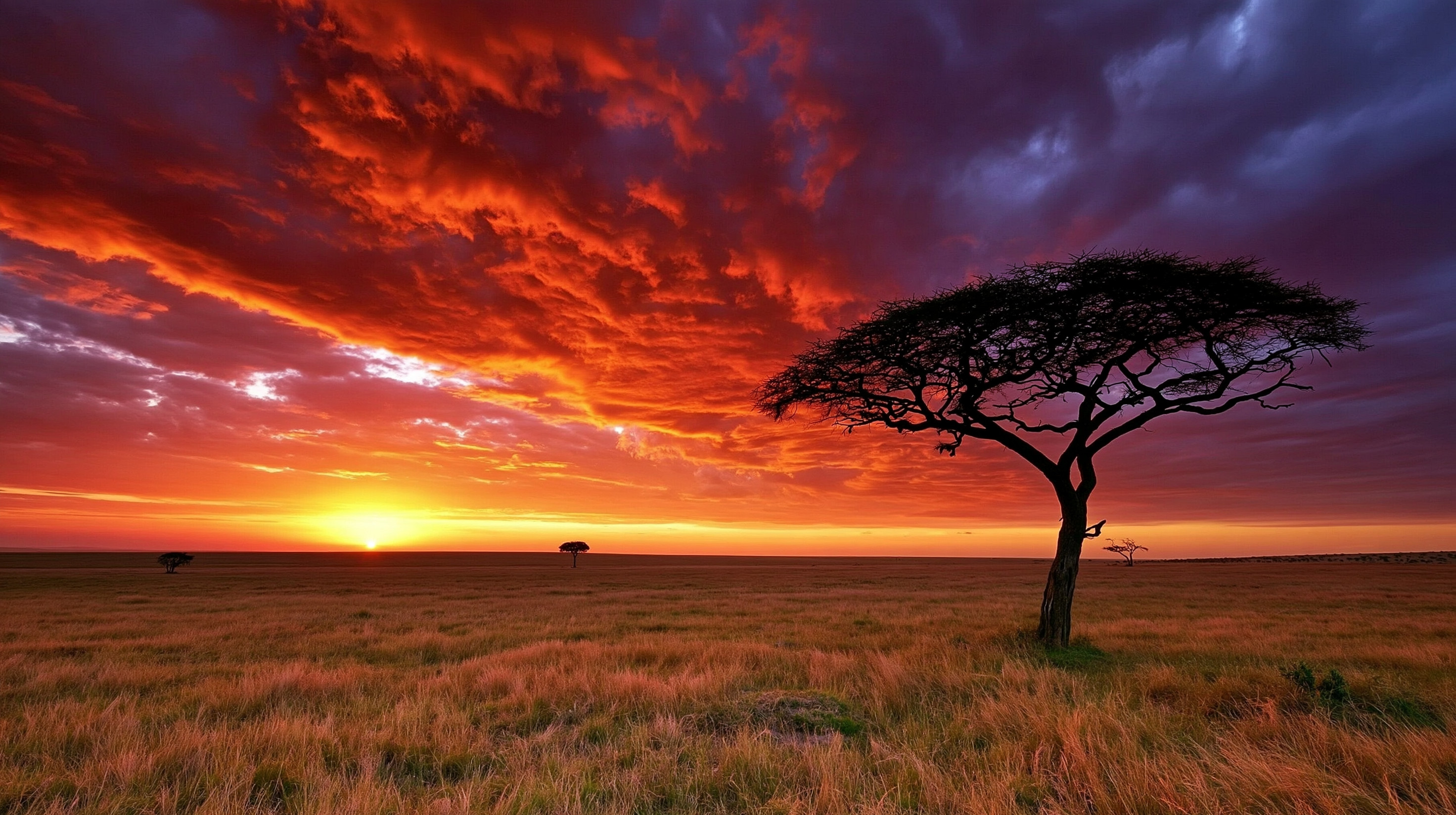 A majestic umbrella acacia tree stands silhouetted against a brilliant, fiery orange and dark purple sunset sky over the sweeping, grassy plains of the African savanna.