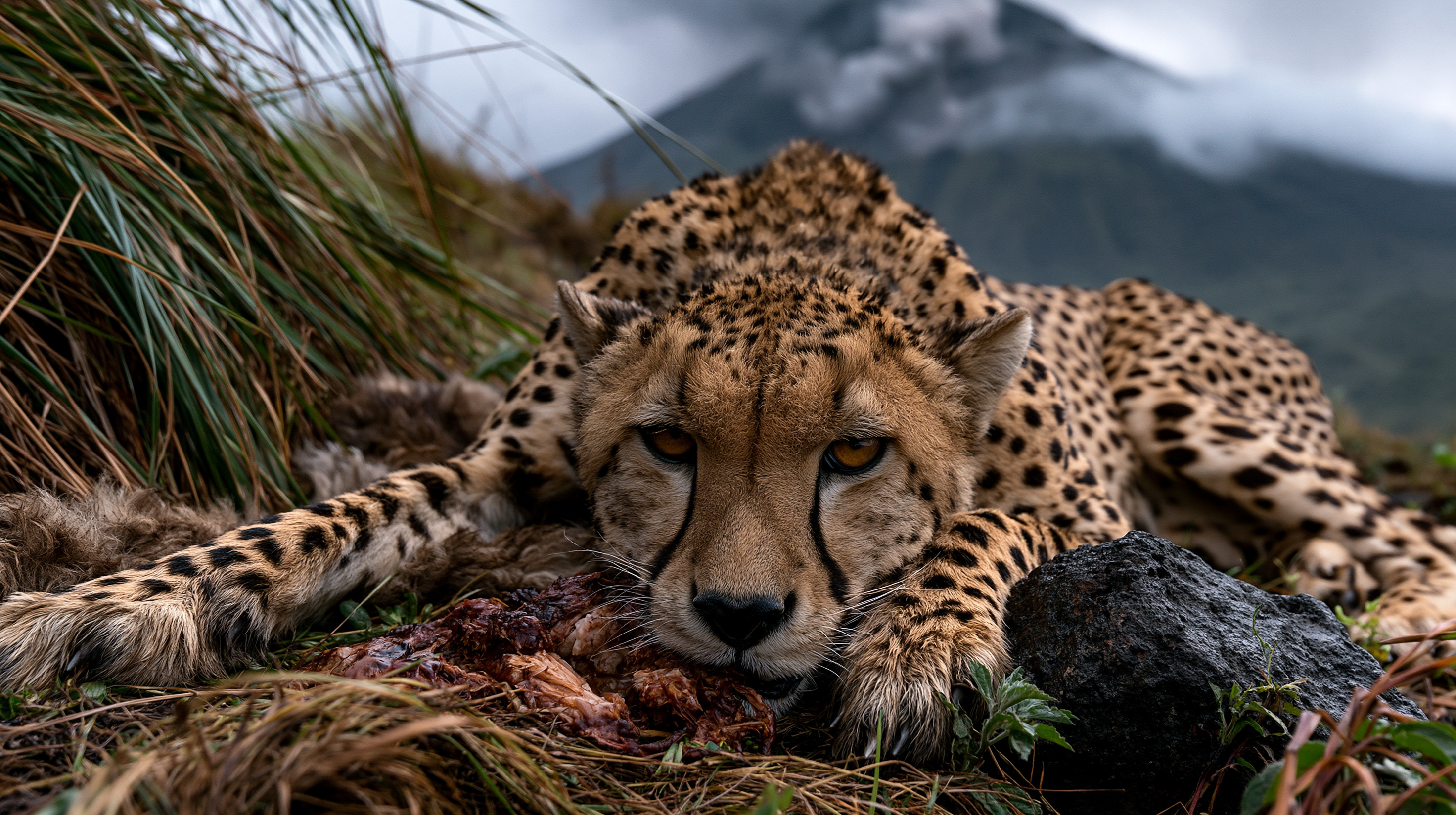 A close-up, low-angle shot of a cheetah lying flat on a grassy mountain slope, protecting a fresh kill with its paws while staring directly into the camera with amber eyes, with a blurred active volcano emitting smoke in the background.