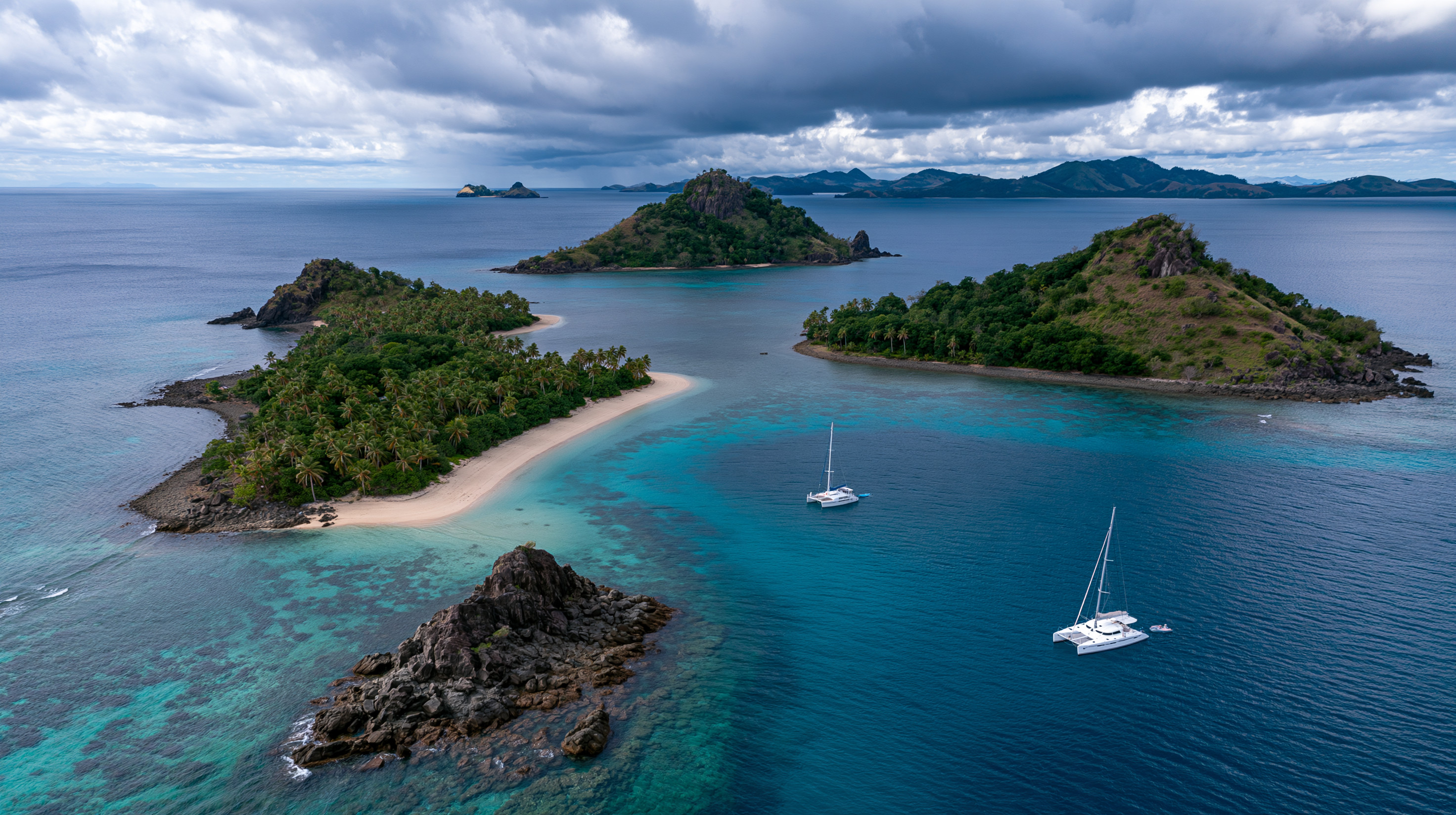 High-angle aerial view of rugged tropical islands surrounded by blue ocean water and coral reefs, with two catamarans anchored in a channel under a cloudy sky in Fiji.