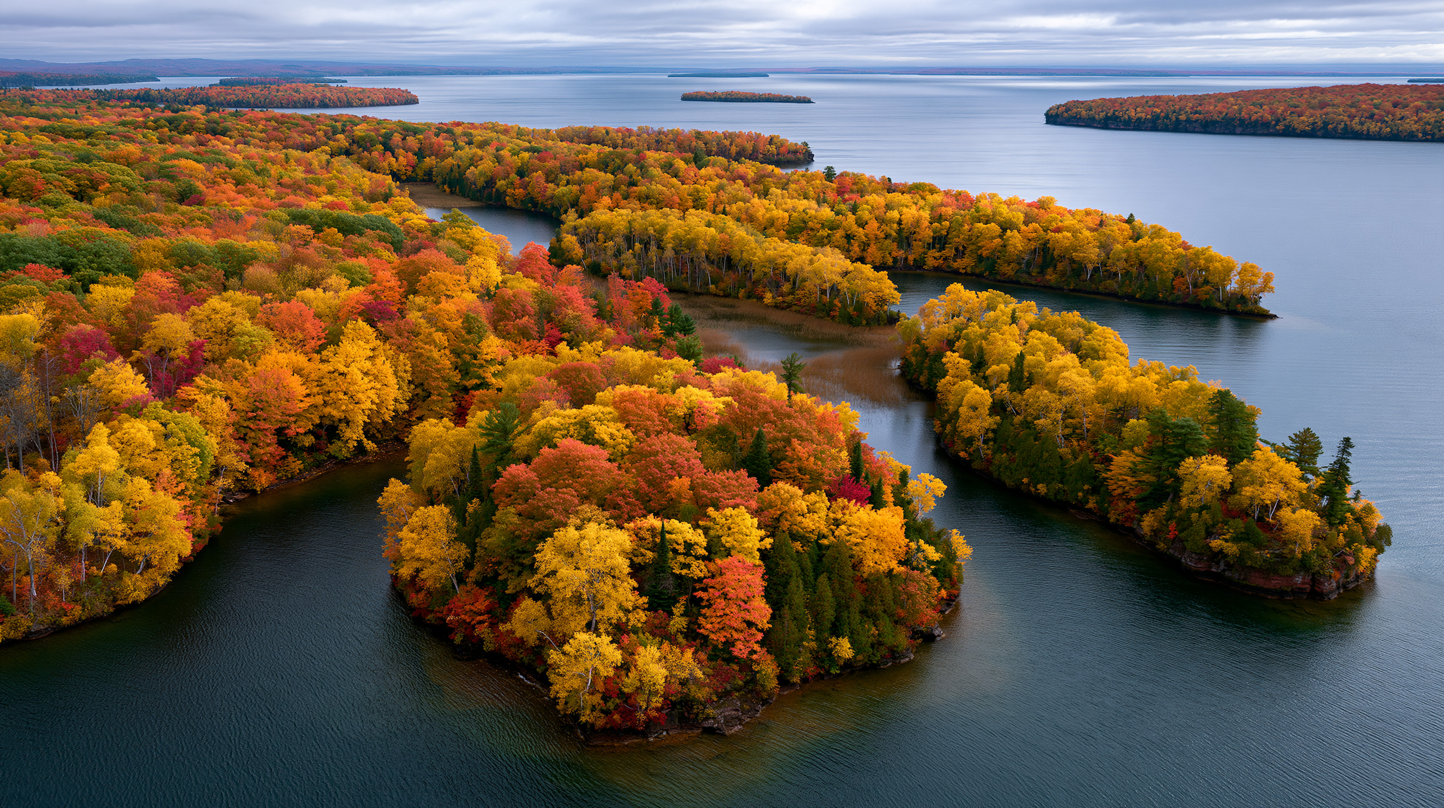 High-angle aerial drone photograph of small, elongated islands covered in vibrant orange, red, and yellow fall foliage surrounded by the calm waters of Lake Superior under an overcast sky.