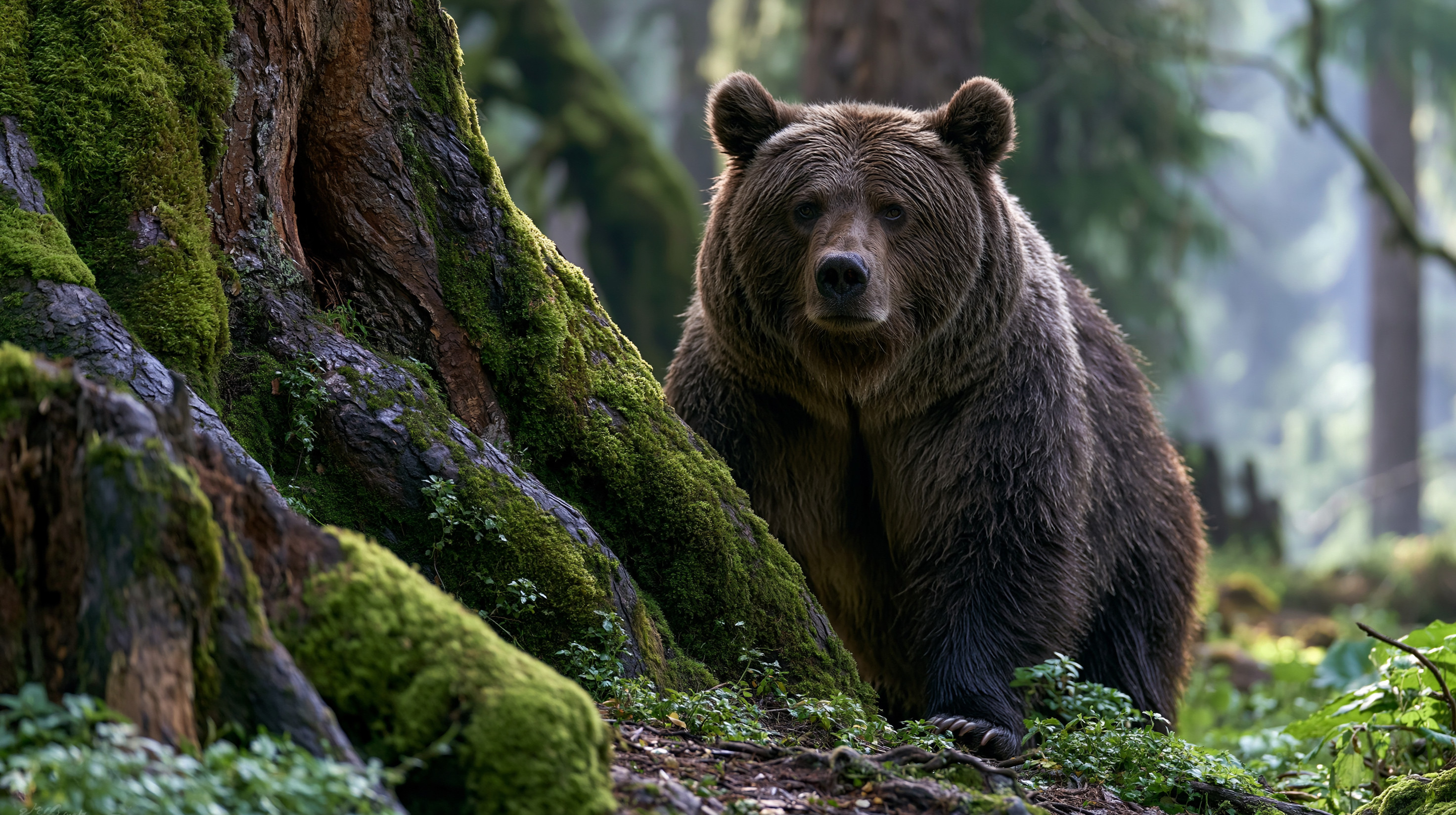 dsmcmeans wilderness close up grizzly near tree in mountainous region