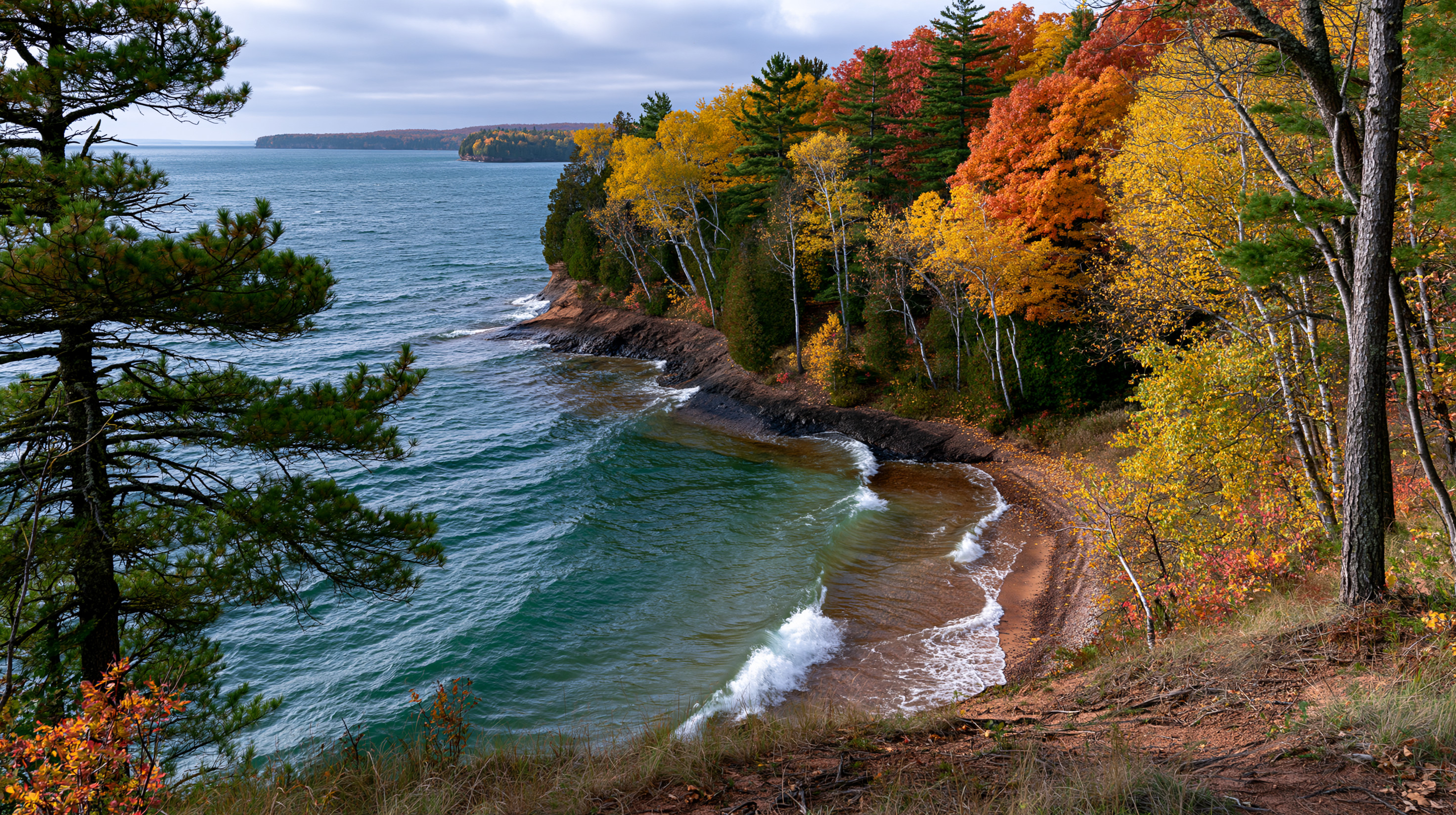 Elevated landscape photograph looking down at a curved sandy beach bay on Lake Superior with crashing waves and a vibrant red and yellow autumn forest along the shore.