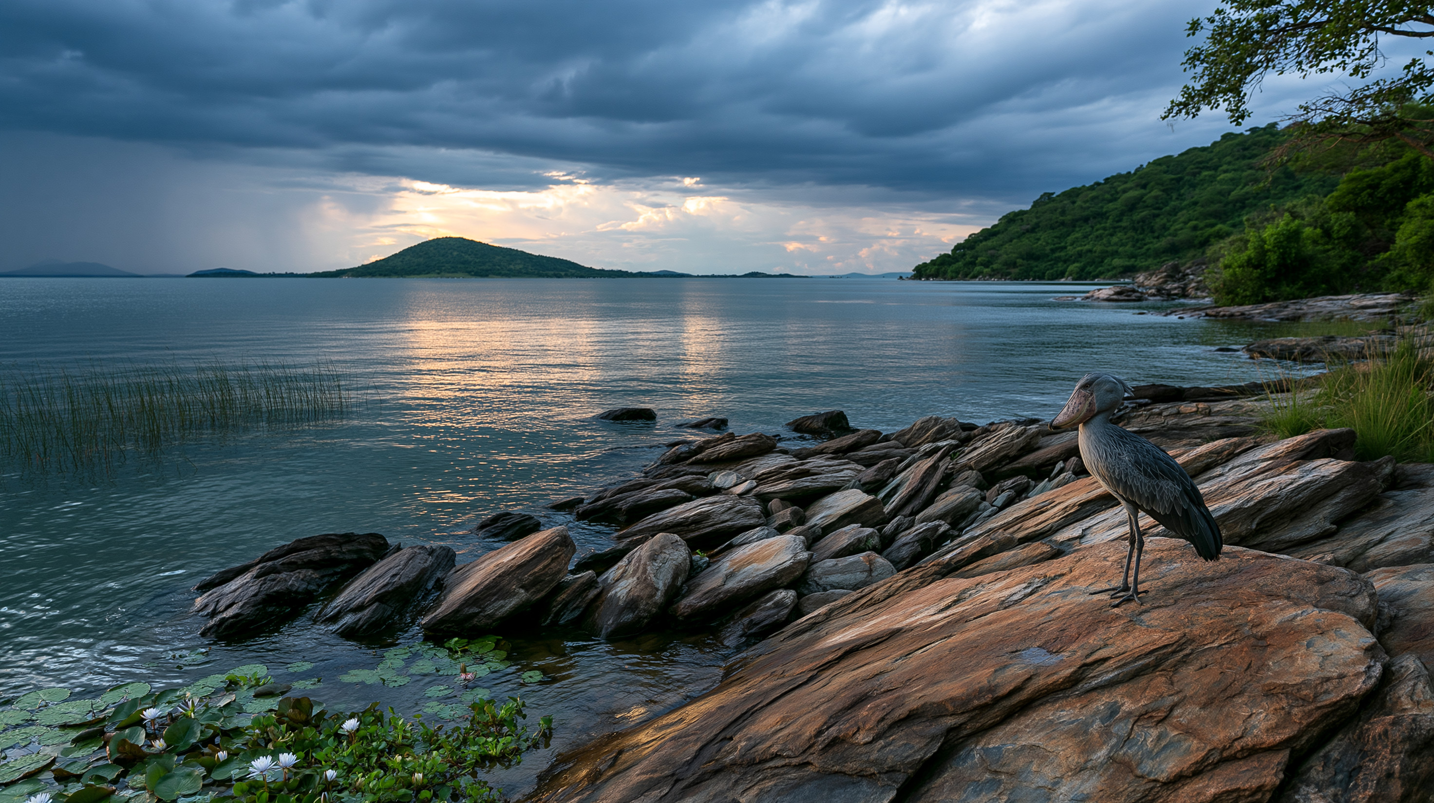 A large, prehistoric-looking shoebill stork stands motionless on a rocky, sunlit shoreline overlooking the vast expanse of Lake Victoria under a dramatic, storm-laden sky.