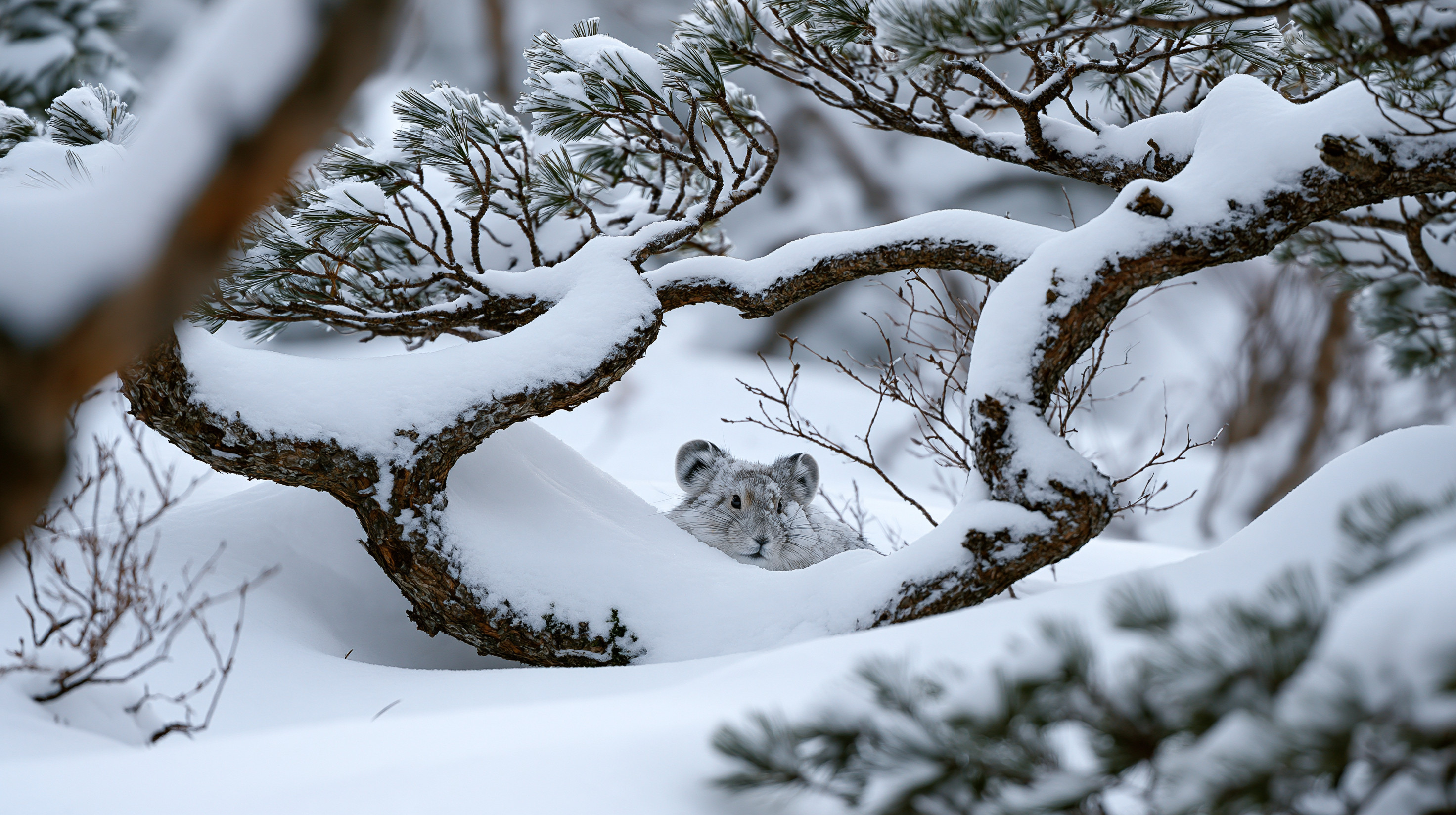 A small, light-furred Japanese pika peeks out from a deep drift of fresh white snow, perfectly framed by the snow-covered, twisted branches of a dwarf stone pine tree. Out-of-focus snowy evergreen pine needles softly blur the foreground and background, focusing attention on the animal's alert eyes and round ears in its winter environment.Dominant SubjectA Japanese Pika (Ochotona hyperborea yesoensis) sheltering within a snow-laden dwarf Japanese Stone Pine (Pinus pumila).DescriptionAs the punishing Siberian winds lock the northern island of Hokkaido into a months-long frozen embrace, a master of winter endurance watches from a fortress of ice and pine. Peeking cautiously from a deep, immaculate blanket of fresh snow, a Japanese pika finds refuge within the natural, twisting frame of a sub-alpine stone pine's branches. Unlike many other small mountain mammals, this resilient ice-age survivor does not hibernate; instead, it relies on these snow-covered evergreen sanctuaries to insulate it from temperatures that plunge far below zero. Sheltered beneath the heavy, white-laden boughs, the tiny naki-usagi utilizes a complex network of hidden tunnels beneath the snow crust to access its meticulously gathered summer hay piles, illustrating a delicate and extraordinary strategy for surviving the absolute peak of Japan's wild winter.If you'd like to continue exploring this sub-zero ecosystem, let me know if you want to look into:How the subnivean zone (the space between the snow and the ground) protects small animals from freezingThe unique physiology that allows pikas to stay warm without hibernatingPhotographic tips for correcting exposure when shooting small, light subjects against bright, high-contrast snow