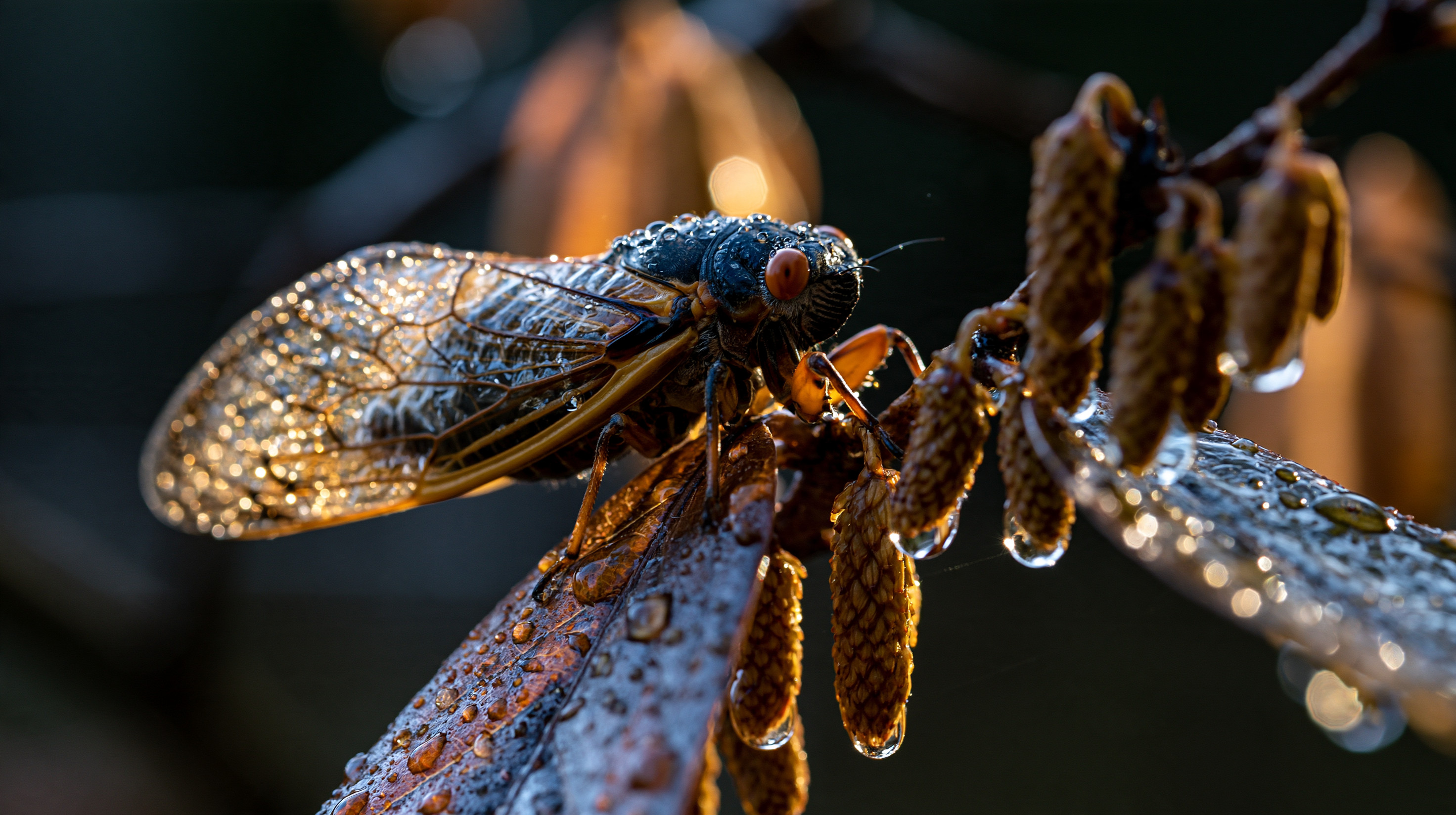 A close-up profile shot of a periodical cicada with a dark body and red eyes, clinging to wet brown autumn leaves covered in glistening morning dew drops.