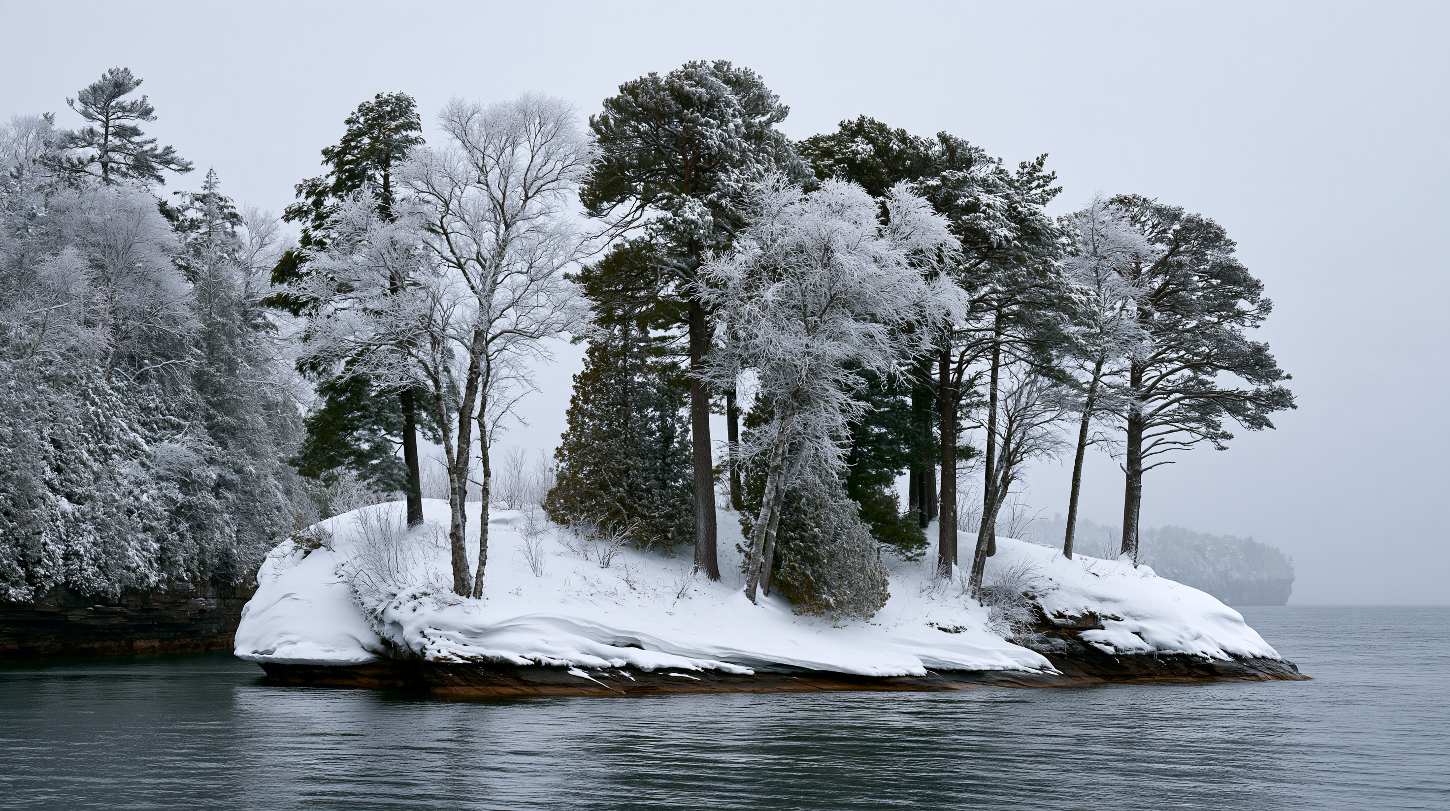 A crisp, wide-angle winter photograph of a small, snow-covered island in a calm lake, crowded with dark pine and frosty white trees under a heavy, overcast gray sky.