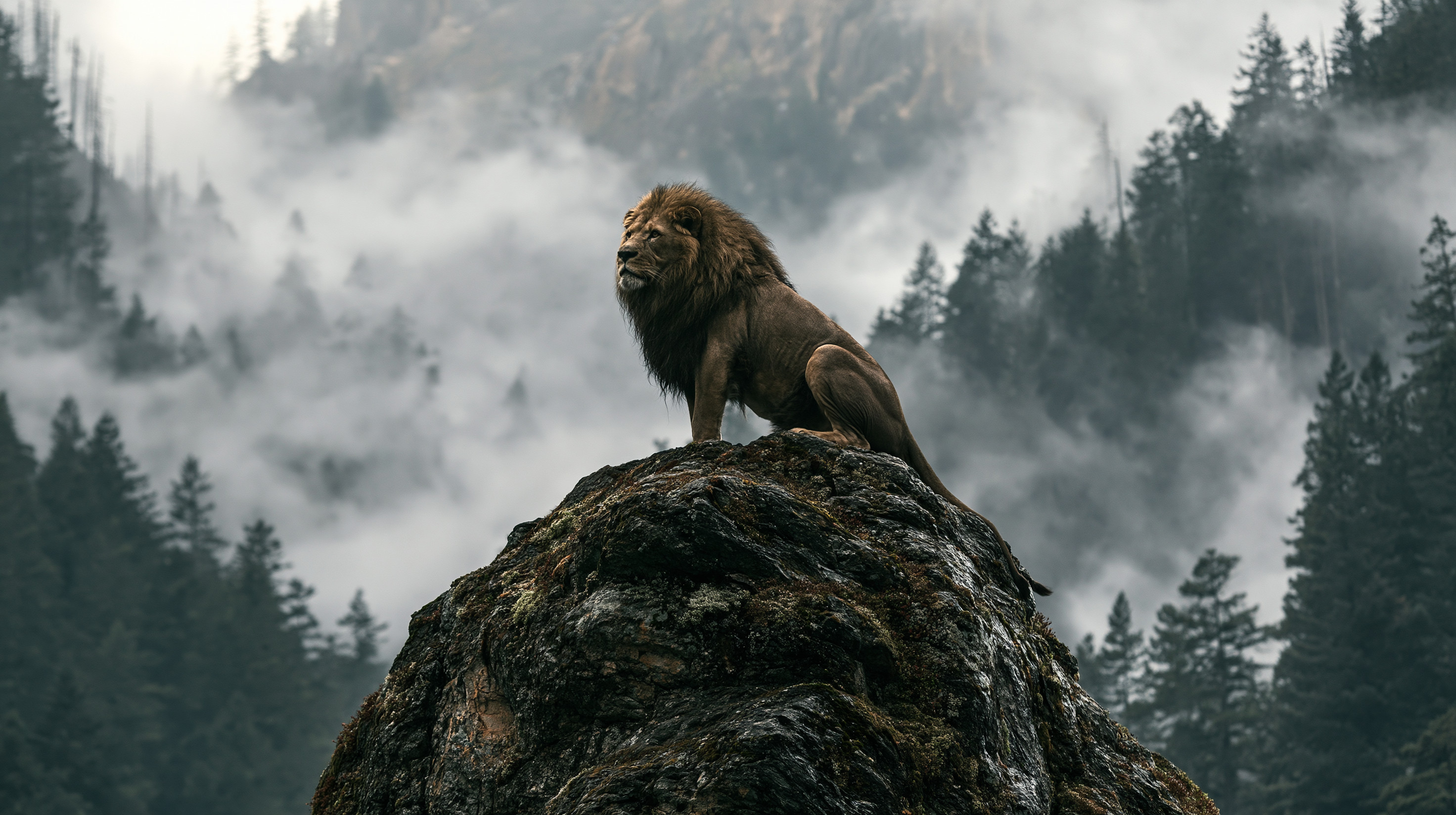 pines on mountain male lion stormy
