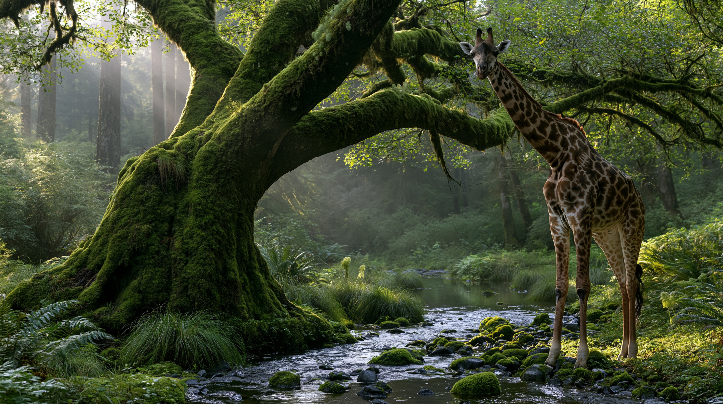 A giraffe standing inexplicably in a temperate rainforest next to an ancient, moss-draped tree.