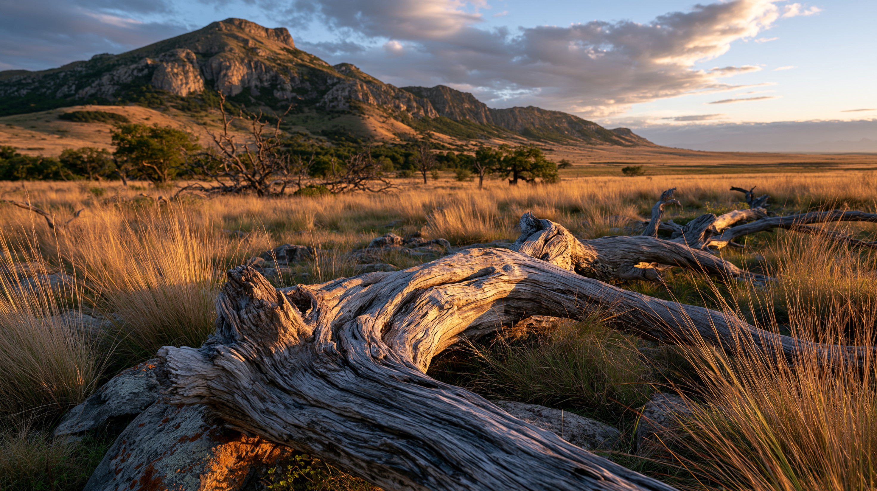 A beautiful golden hour landscape view of a vast valley with a weathered, fallen tree trunk in the foreground, surrounded by amber prairie grass looking toward rugged mountain ridges under a sunset sky.