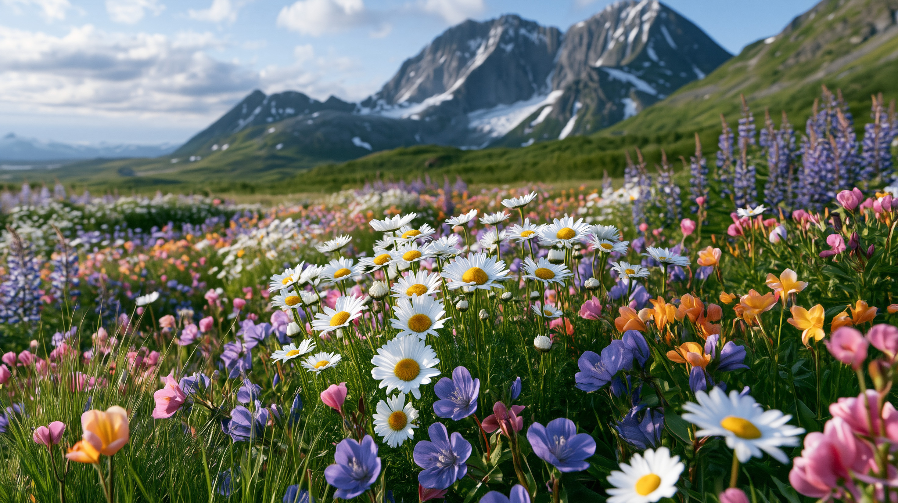 A vibrant carpet of subalpine wildflowers, featuring prominent white oxeye daisies, purple lupines, and orange-pink blossoms, blankets a lush green meadow under a partly cloudy sky with jagged, snow-dusted mountain peaks rising sharply in the background.