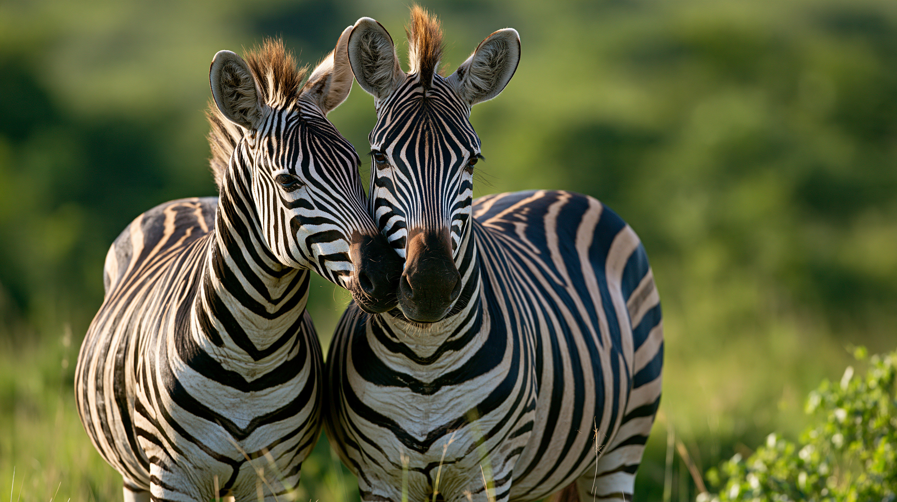 Two plains zebras stand close together in a lush green African savanna, gently nuzzling each other with their muzzles under warm, soft sunlight.