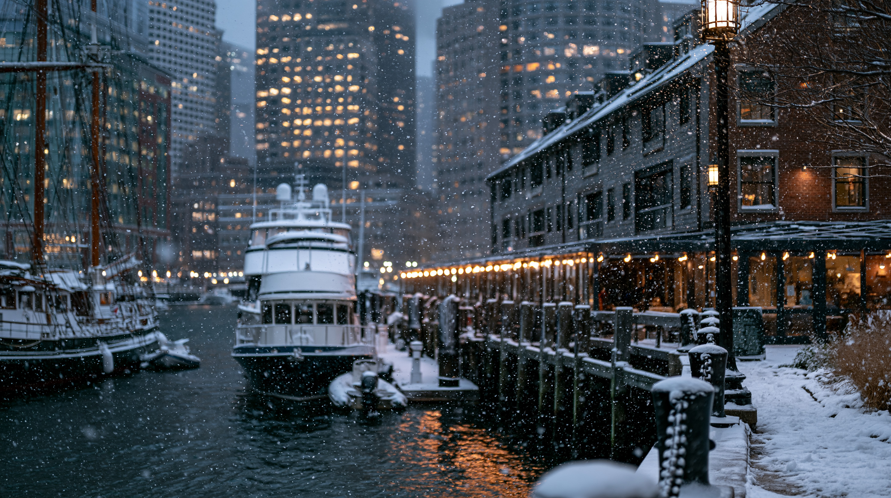 A winter evening view of a snow-covered Boston harbor slip featuring moored boats and yachts alongside a wooden dock, with a heavy snowfall blanketing the scene against a background of illuminated downtown skyscrapers.