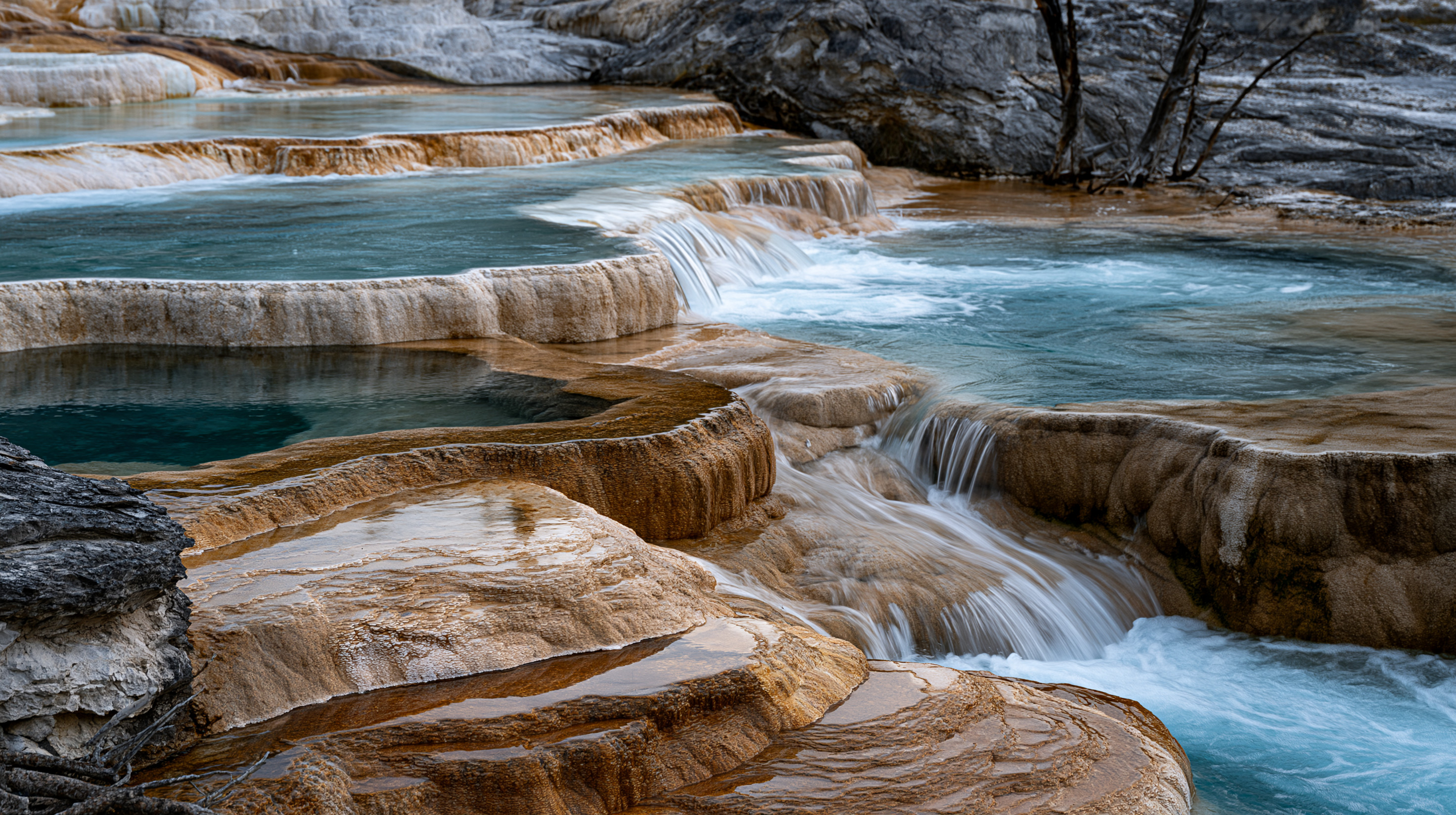 A close-up landscape view of cascading turquoise and teal geothermal pools nestled within orange and white travertine mineral terraces in Yellowstone National Park.