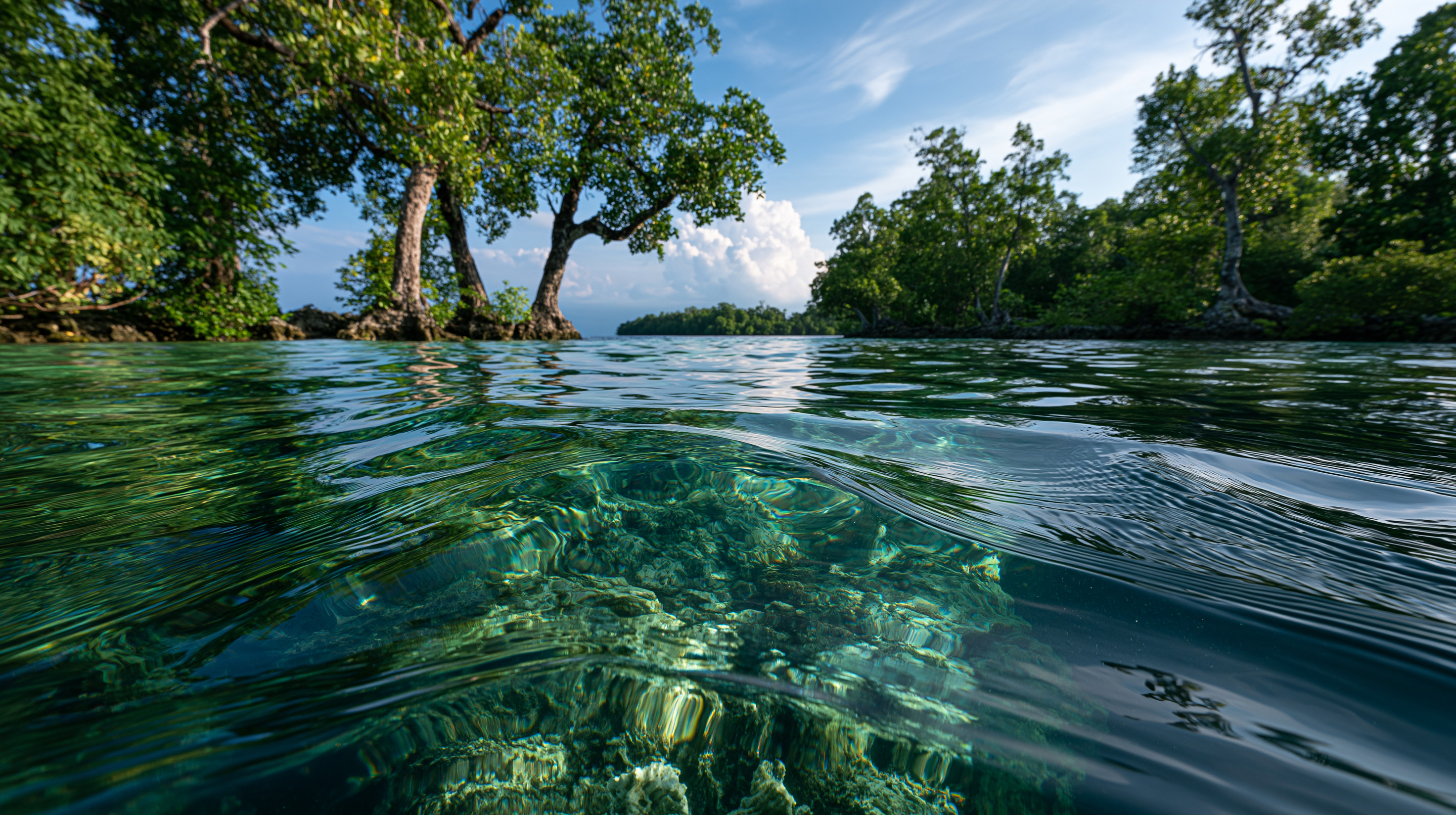 Split-view, water-level photograph capturing a clear emerald-green ocean surface in the foreground with submerged coral structures visible just beneath, while leafy mangrove trees and a distant tropical shoreline sit under a bright blue sky.
