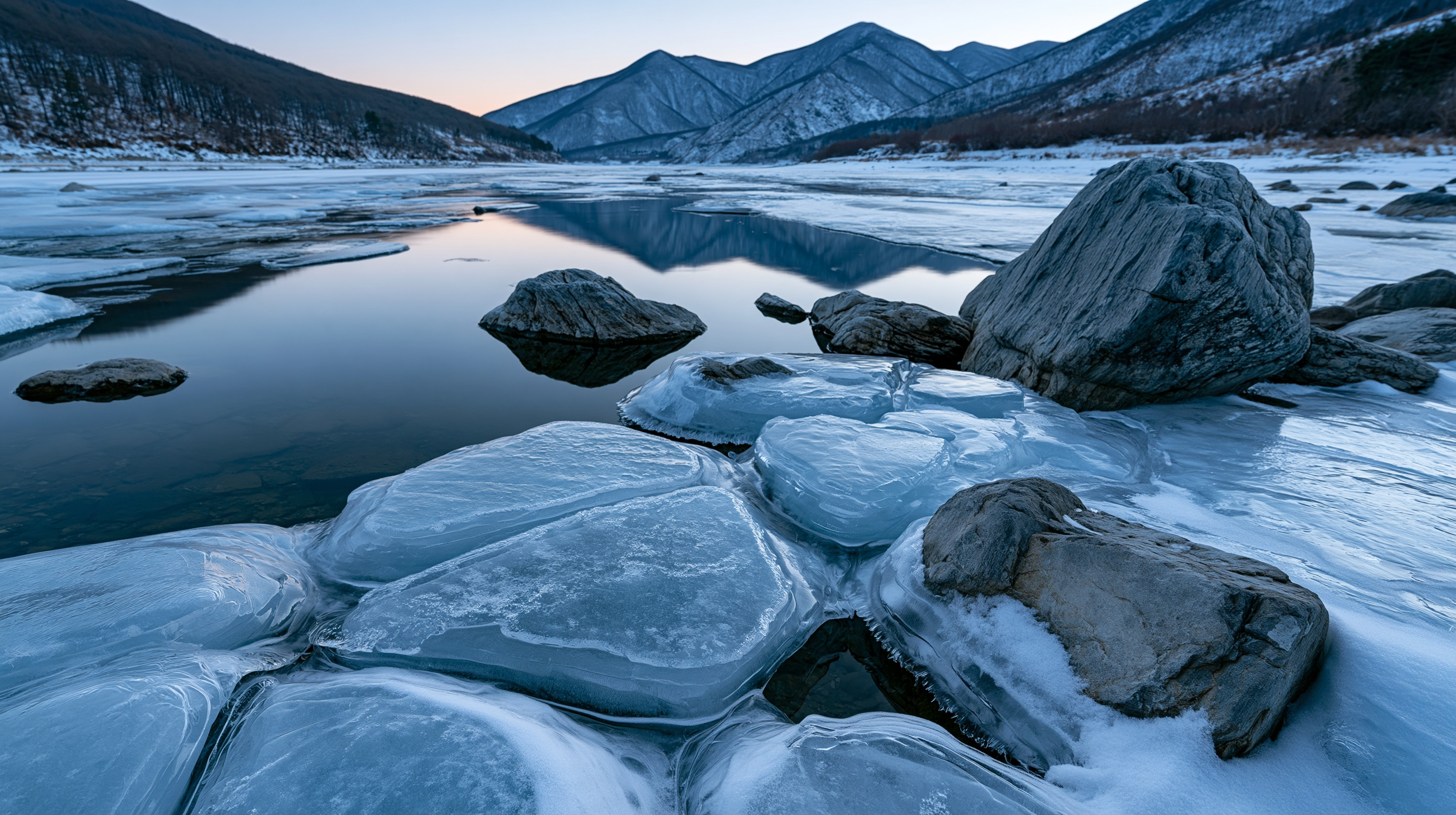 Large, smooth, translucent blocks of river ice freeze around dark shoreline boulders, while a calm channel of water reflects distant snow-dusted mountains under a pale twilight sky.