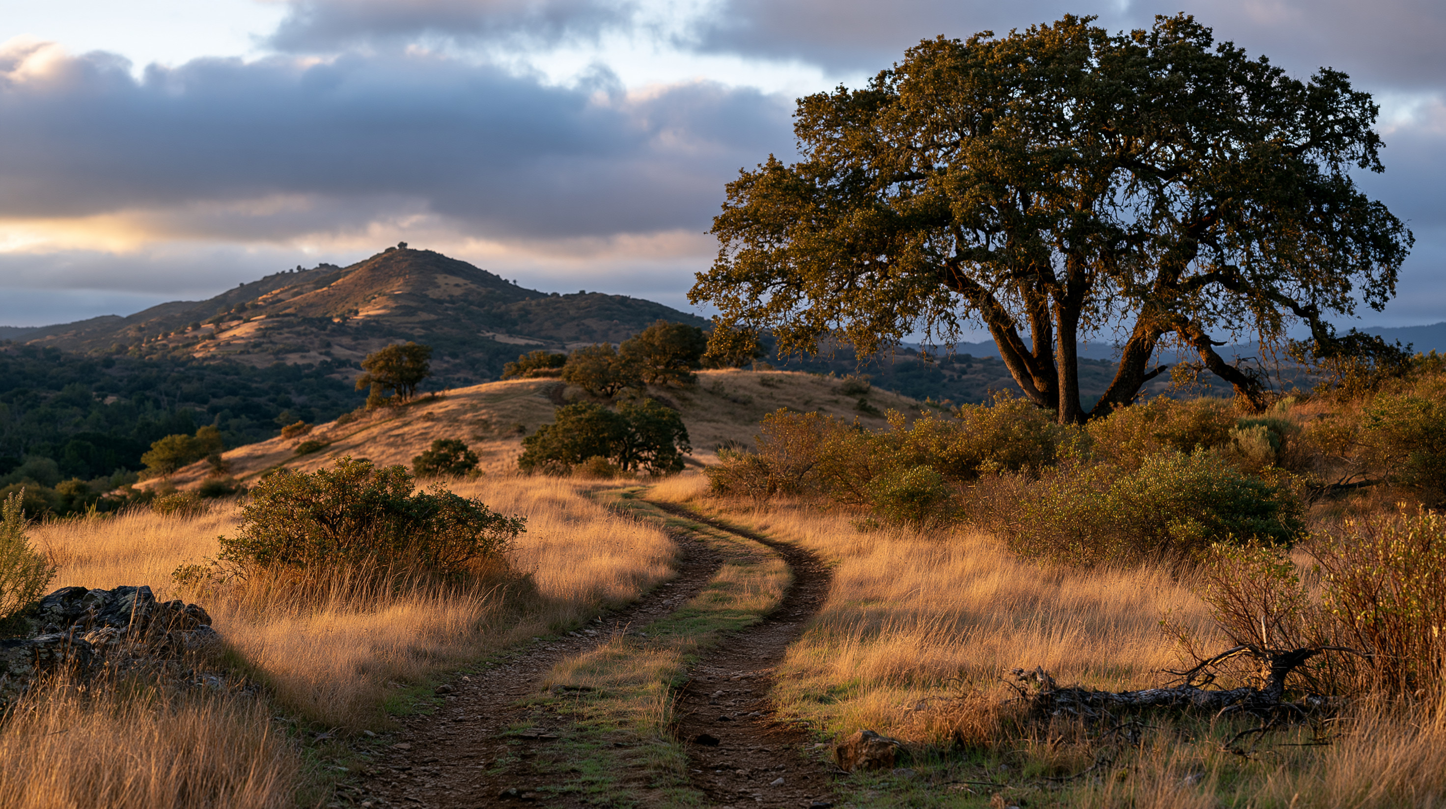 A scenic golden hour landscape showing a winding dirt path meandering through sunlit amber grass fields past a large, mature oak tree toward rolling hills under a cloudy sunset sky.